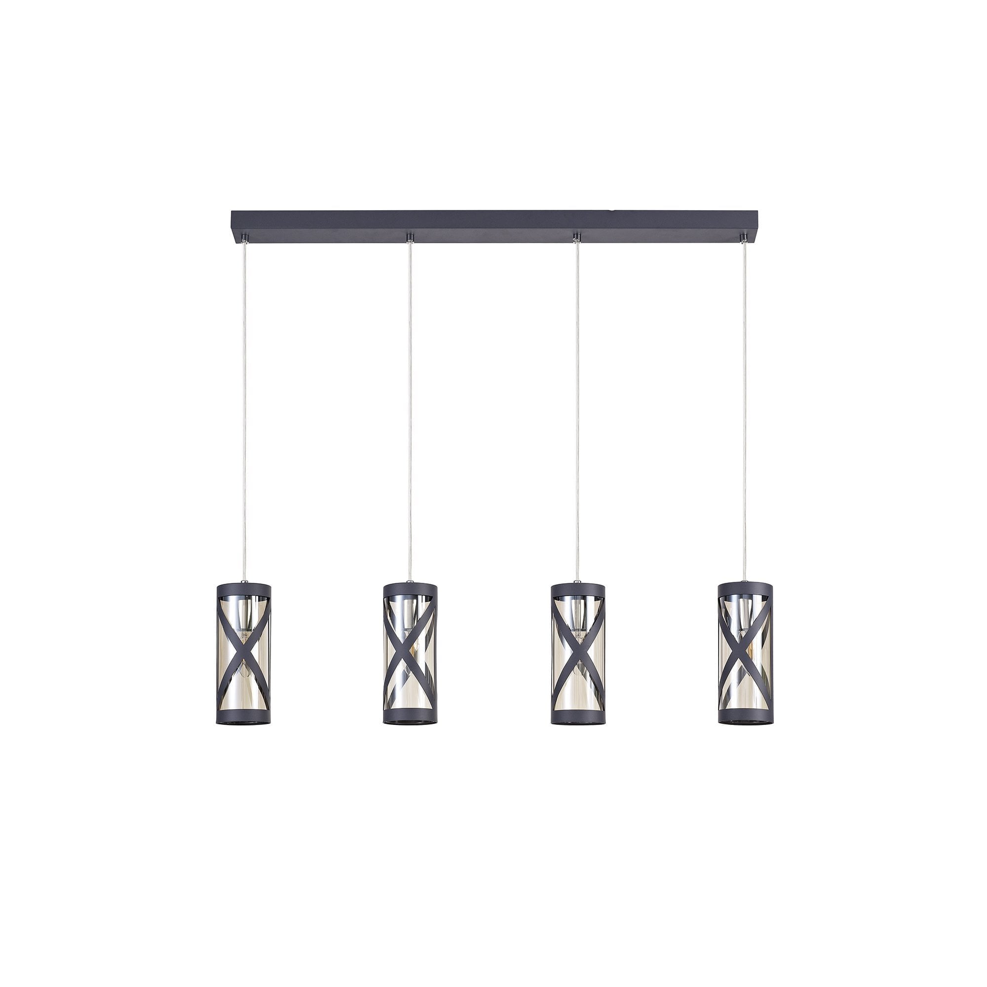 4 Light Bar Linear Pendant E14, Matt Grey/Polished Chrome/Cognac