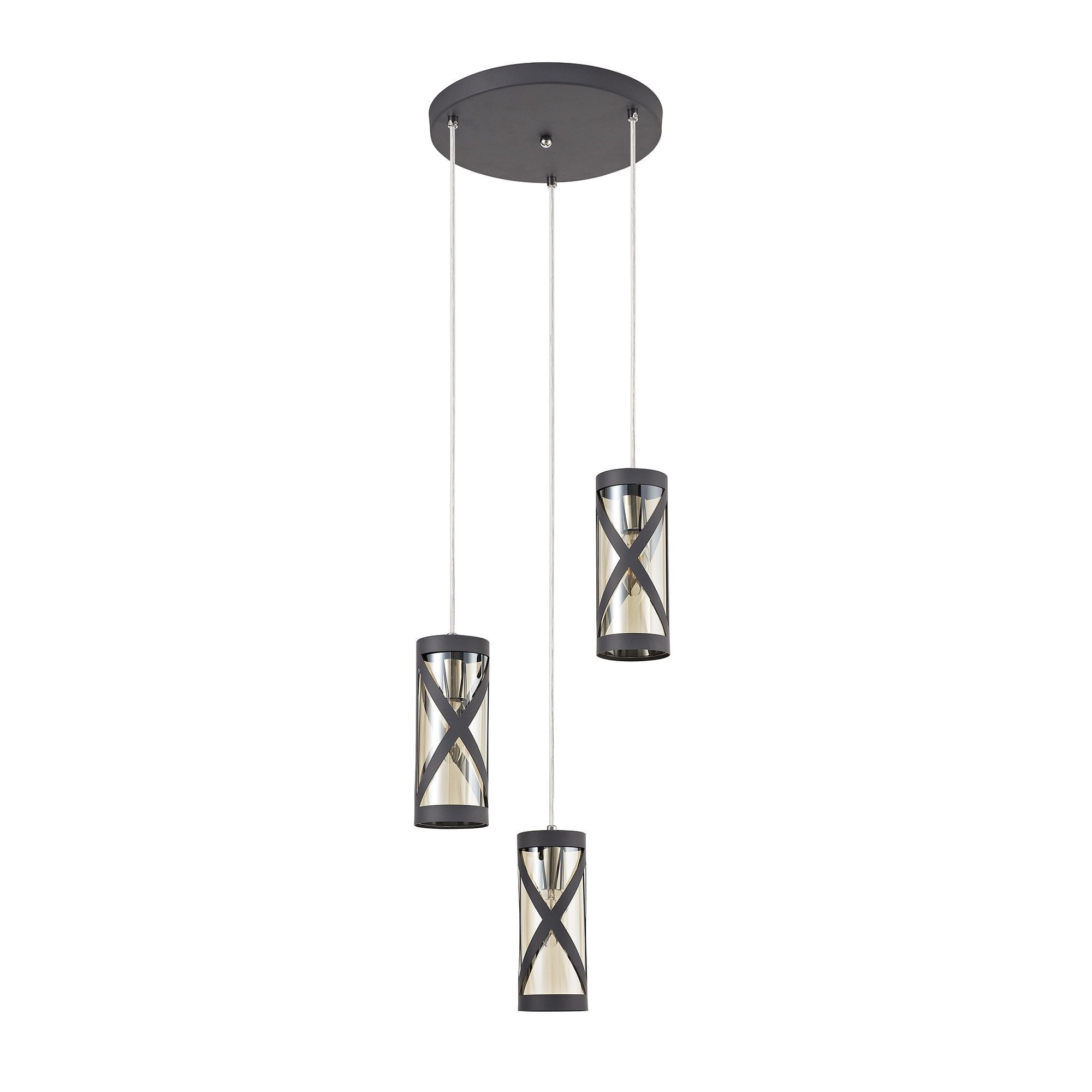 3 Light Round Pendant E14, Matt Grey/Polished Chrome/Cognac