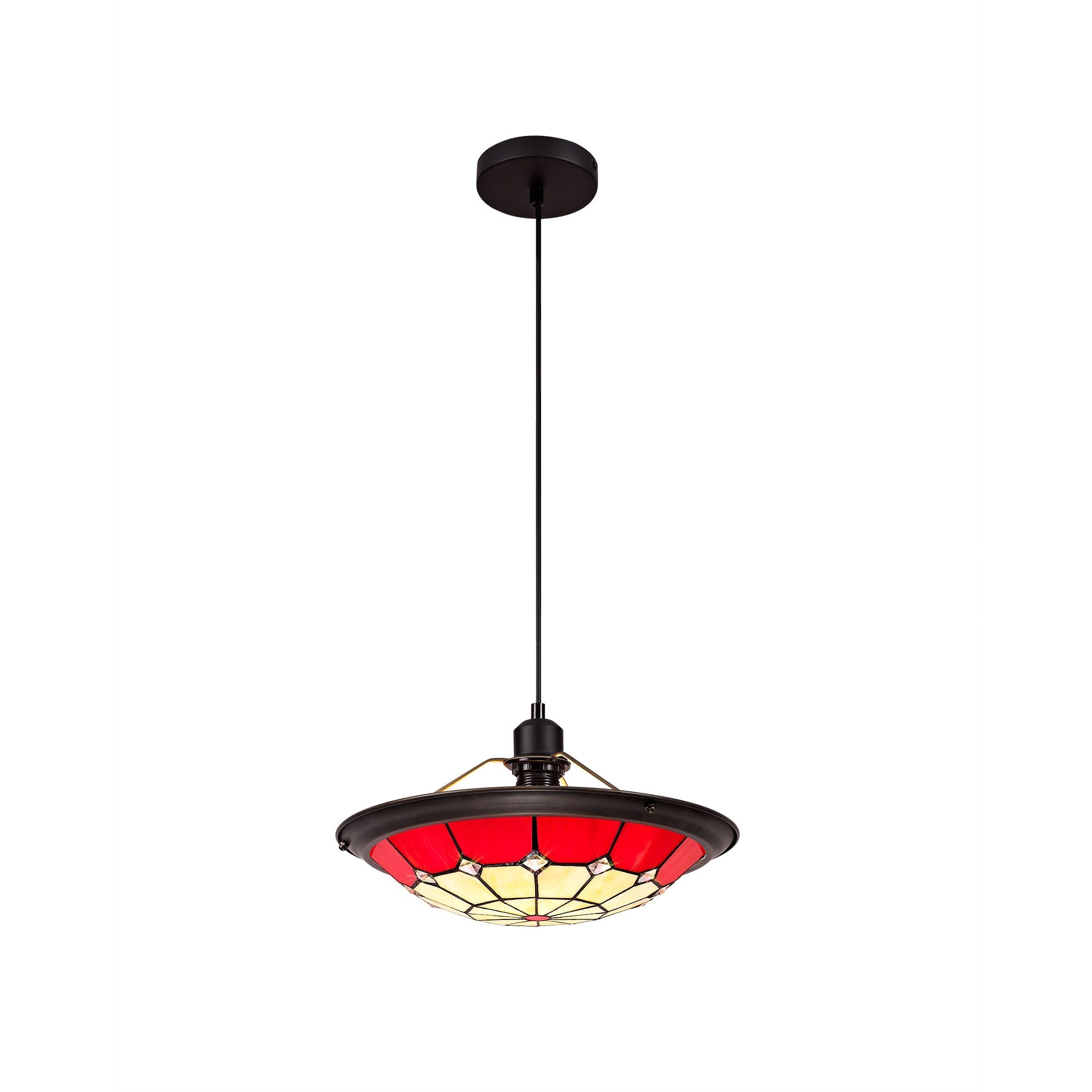 1 Light Pendant E27 With 35cm Tiffany Shade, Cream/Red/Clear Crystal Centre/Aged Antique Brass Trim/Black