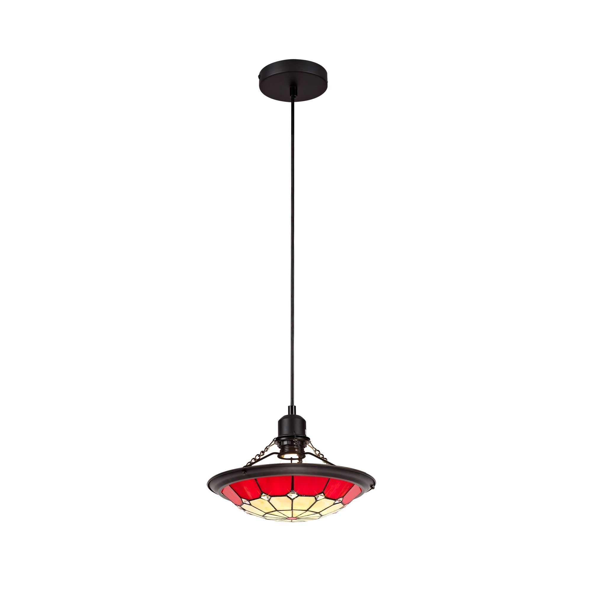 1 Light Pendant E27 With 35cm Tiffany Shade, Cream/Red/Clear Crystal Centre/Aged Antique Brass Trim/Black