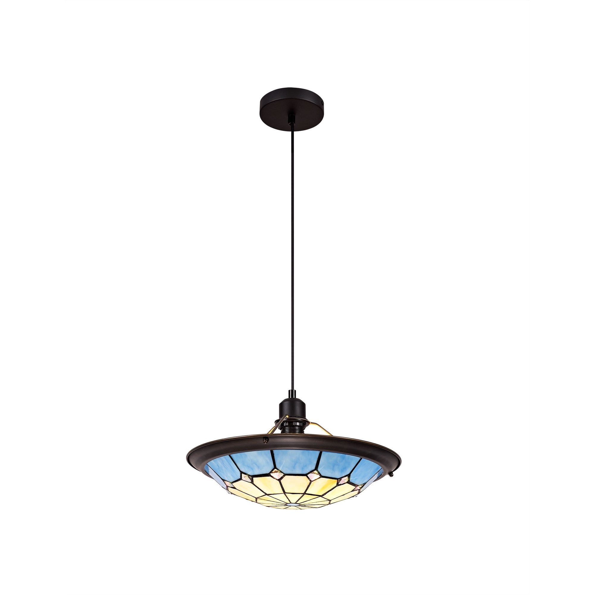 1 Light Pendant E27 With 35cm Tiffany Shade, Cream/Rich Blue/Clear Crystal Centre/Aged Antique Brass Trim/Black