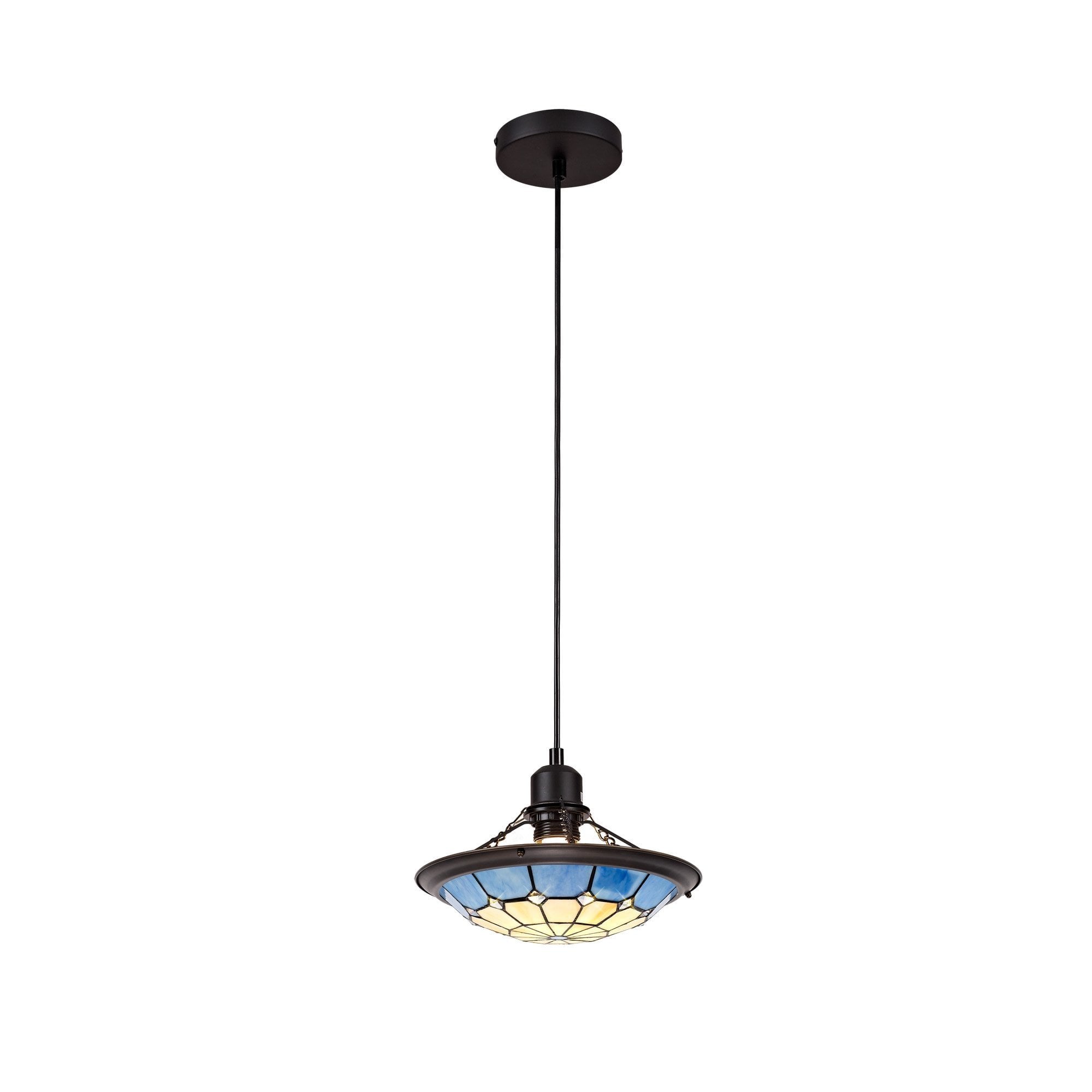 1 Light Pendant E27 With 35cm Tiffany Shade, Cream/Rich Blue/Clear Crystal Centre/Aged Antique Brass Trim/Black