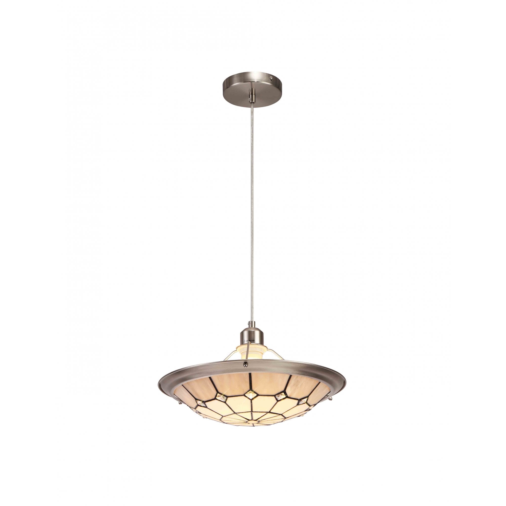 1 Light Pendant E27 With 35cm Tiffany Shade, Cream/Grey/Crystal Centre/Satin Nickel Brass Trim/Satin Nickel