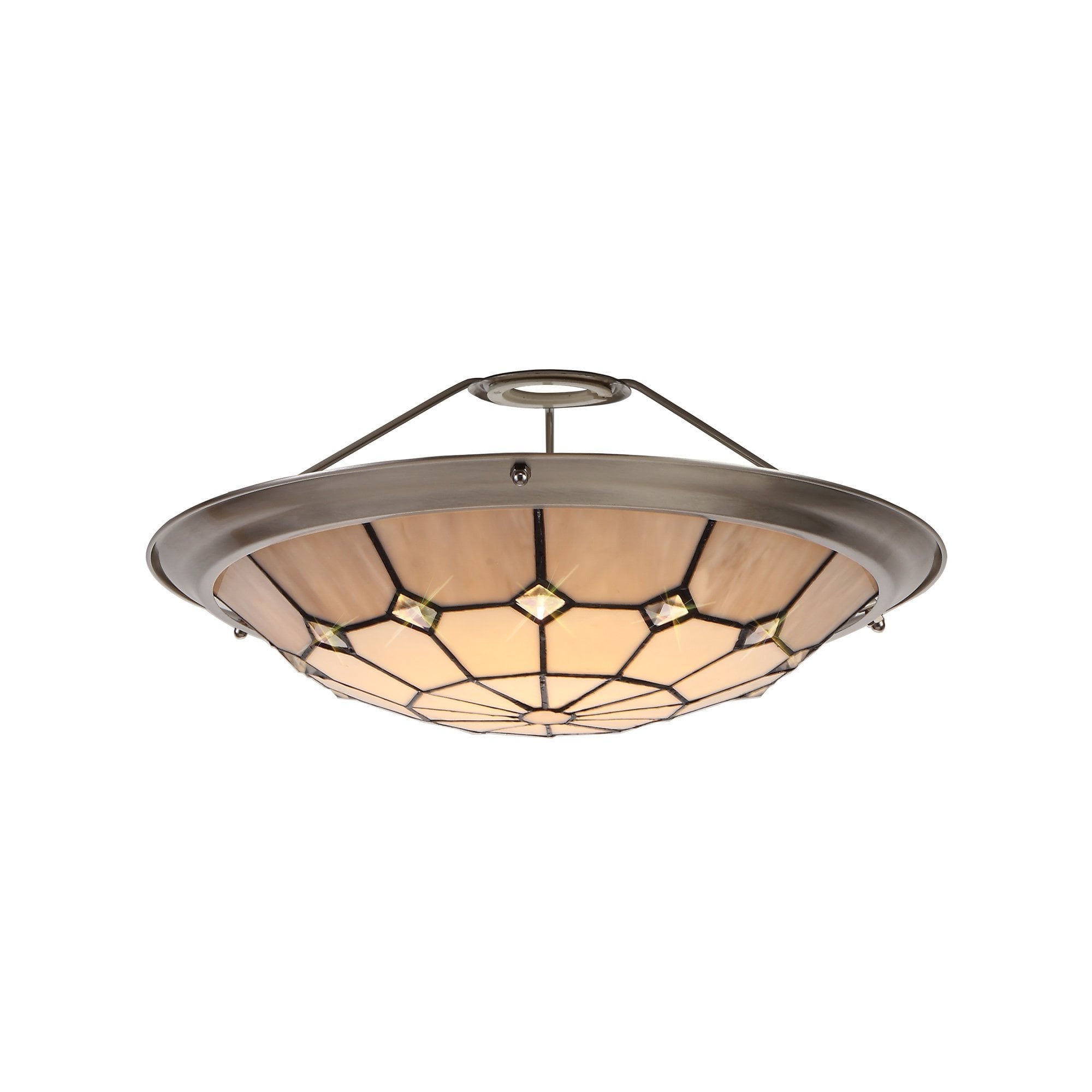 1 Light Pendant E27 With 35cm Tiffany Shade, Cream/Grey/Crystal Centre/Satin Nickel Brass Trim/Satin Nickel