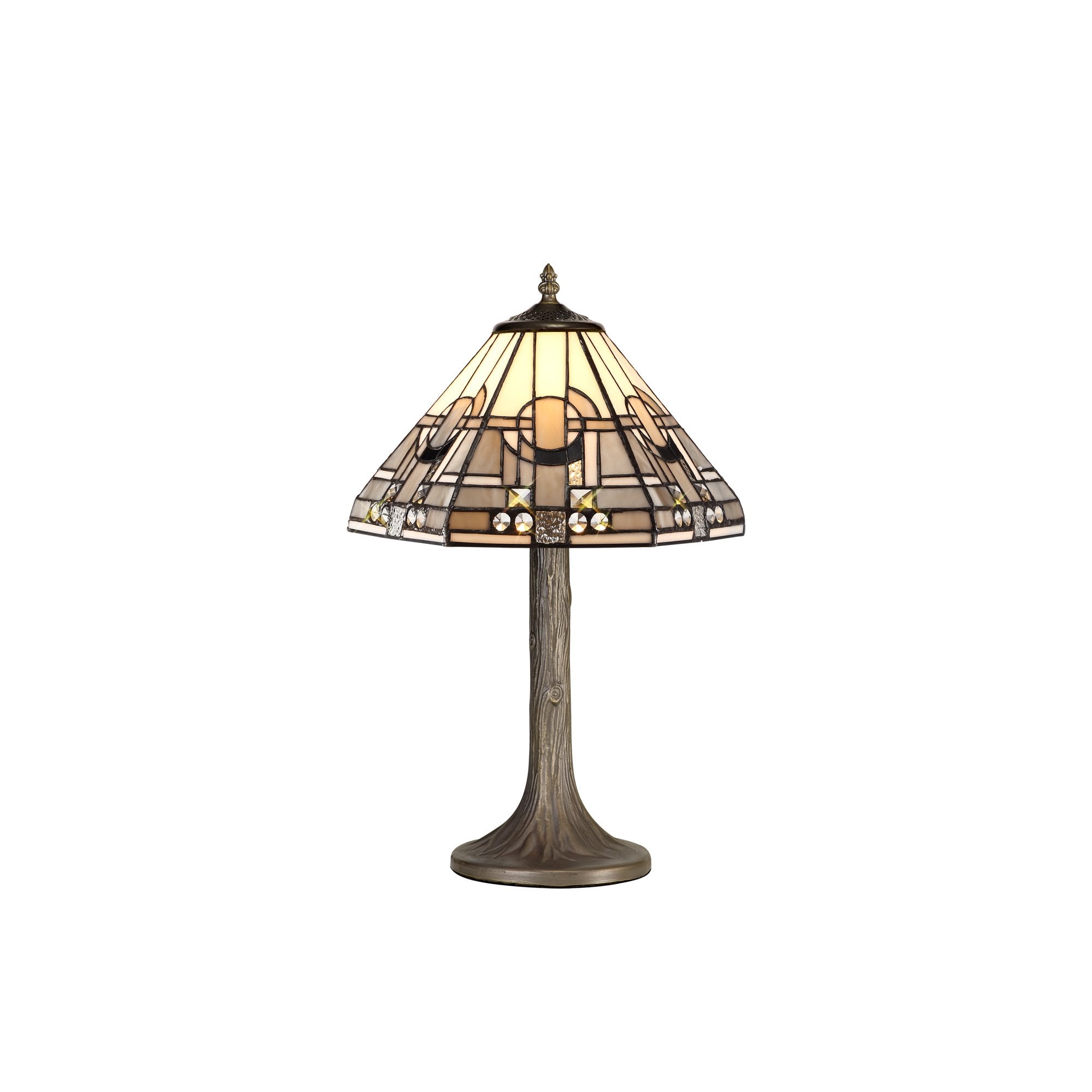 1 Light Tree Like Table Lamp E27 With 30cm Tiffany Shade, White/Grey/Black/Clear Crystal/Aged Antique Brass