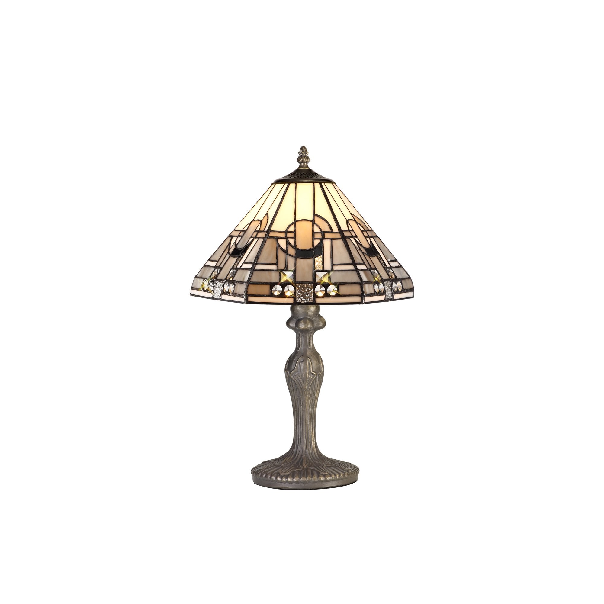 1 Light Curved Table Lamp E27 With 30cm Tiffany Shade, White/Grey/Black/Clear Crystal/Aged Antique Brass