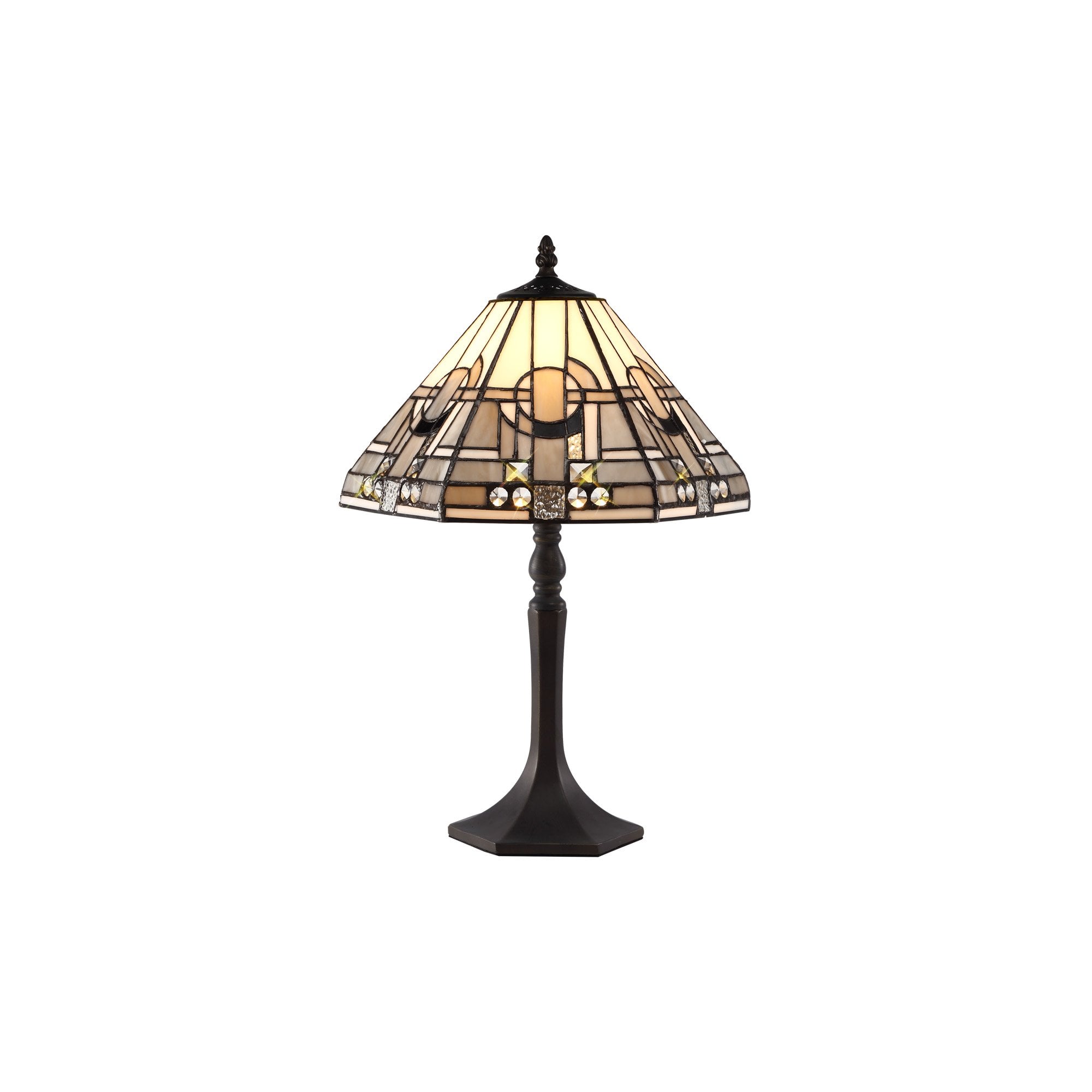 1 Light Octagonal Table Lamp E27 With 30cm Tiffany Shade, White/Grey/Black/Clear Crystal/Aged Antique Brass