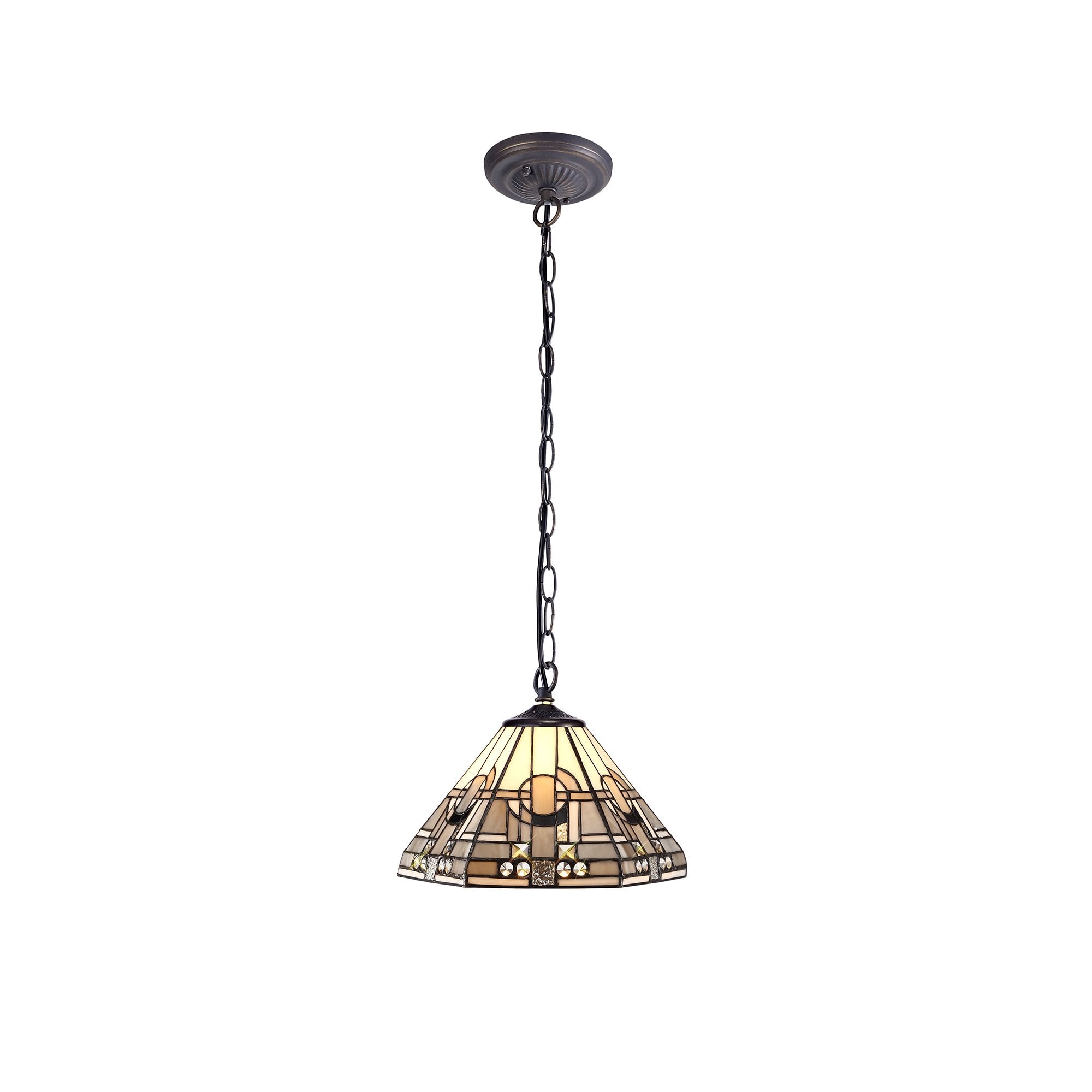 1 Light Downlighter Pendant E27 With 30cm Tiffany Shade, White/Grey/Black/Clear Crystal/Aged Antique Brass