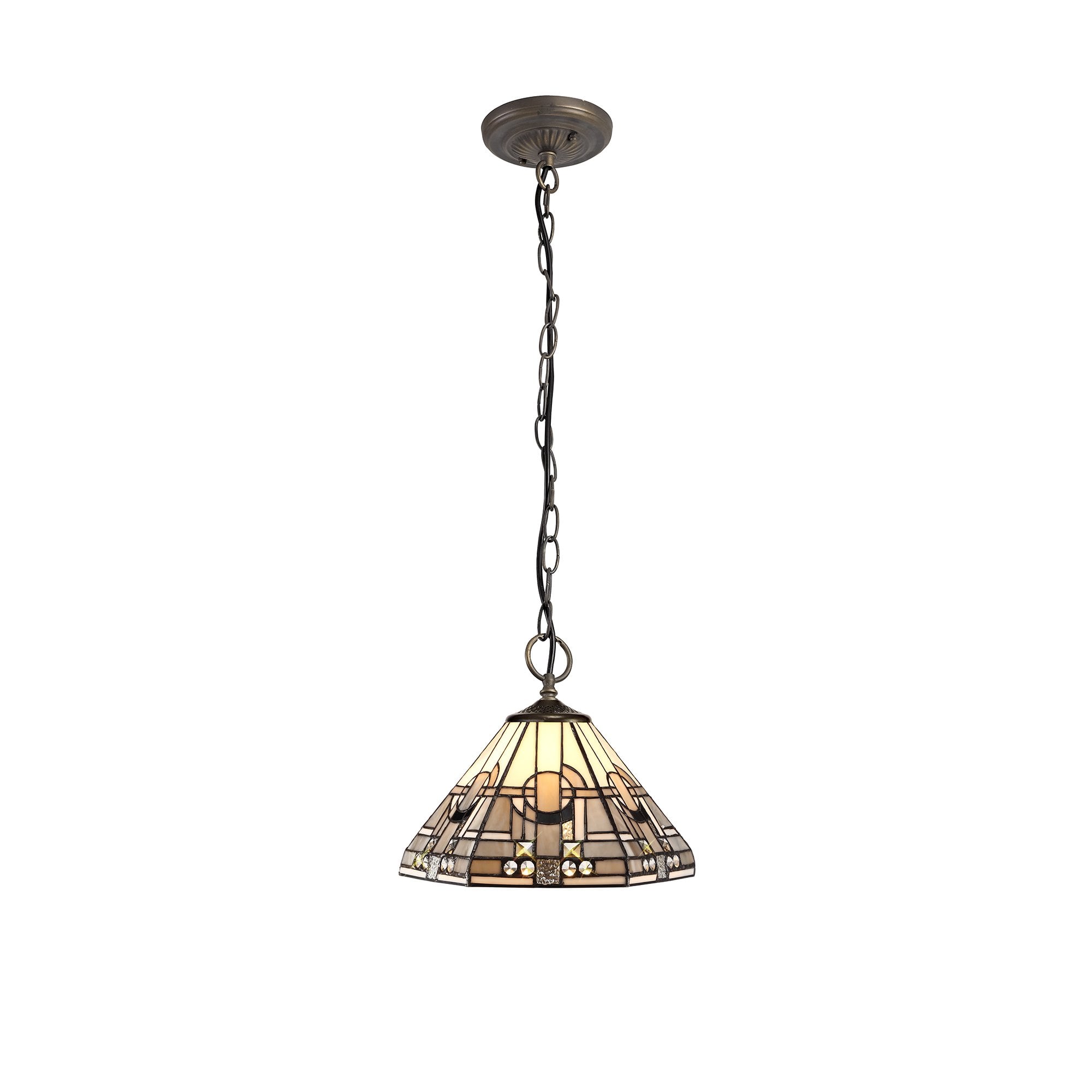 3 Light Downlighter Pendant E27 With 30cm Tiffany Shade, White/Grey/Black/Clear Crystal/Aged Antique Brass