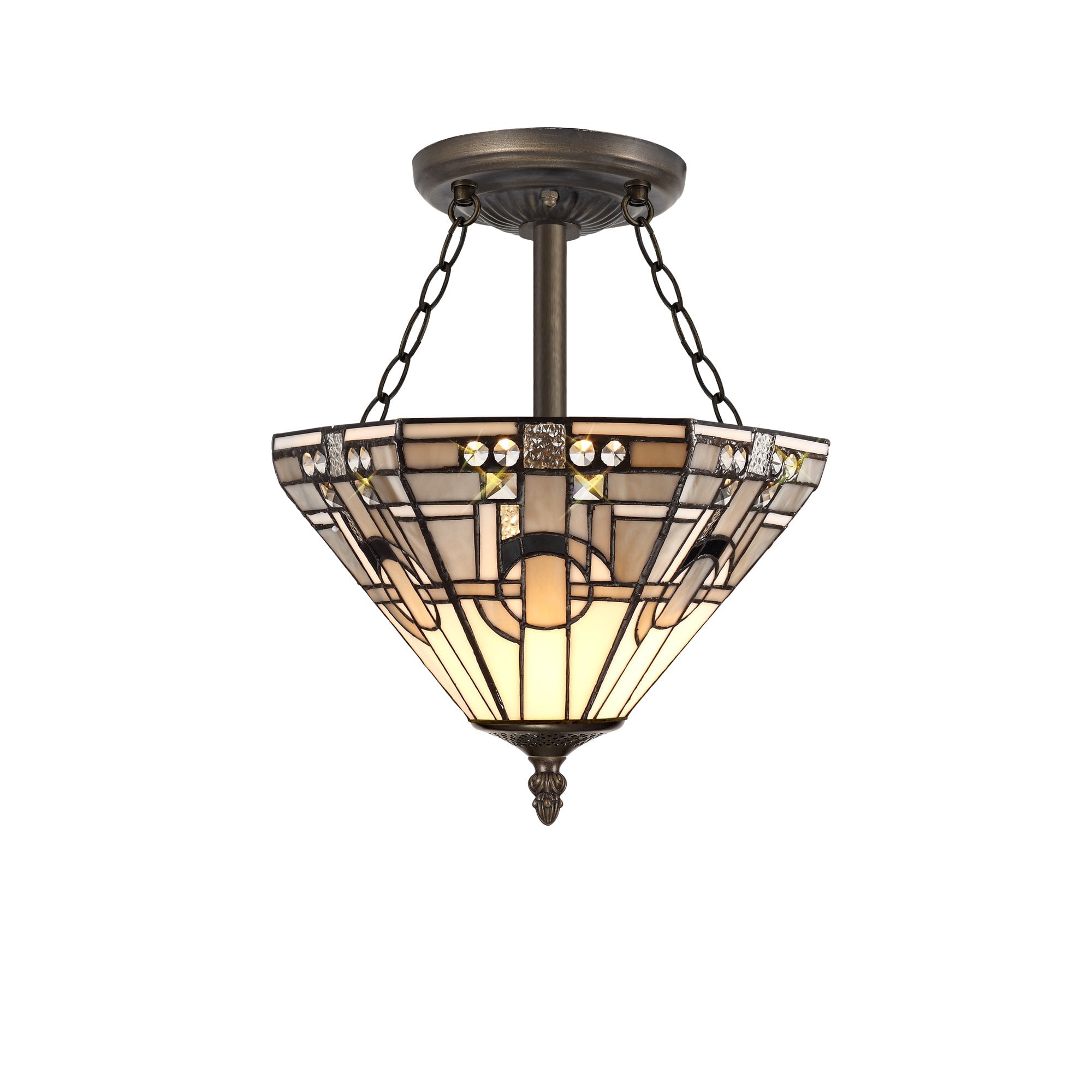 3 Light E27 Semi Ceiling With Tiffany Shade 30cm Shade, White/Grey/Black/Clear Crystal/Aged Antique Brass