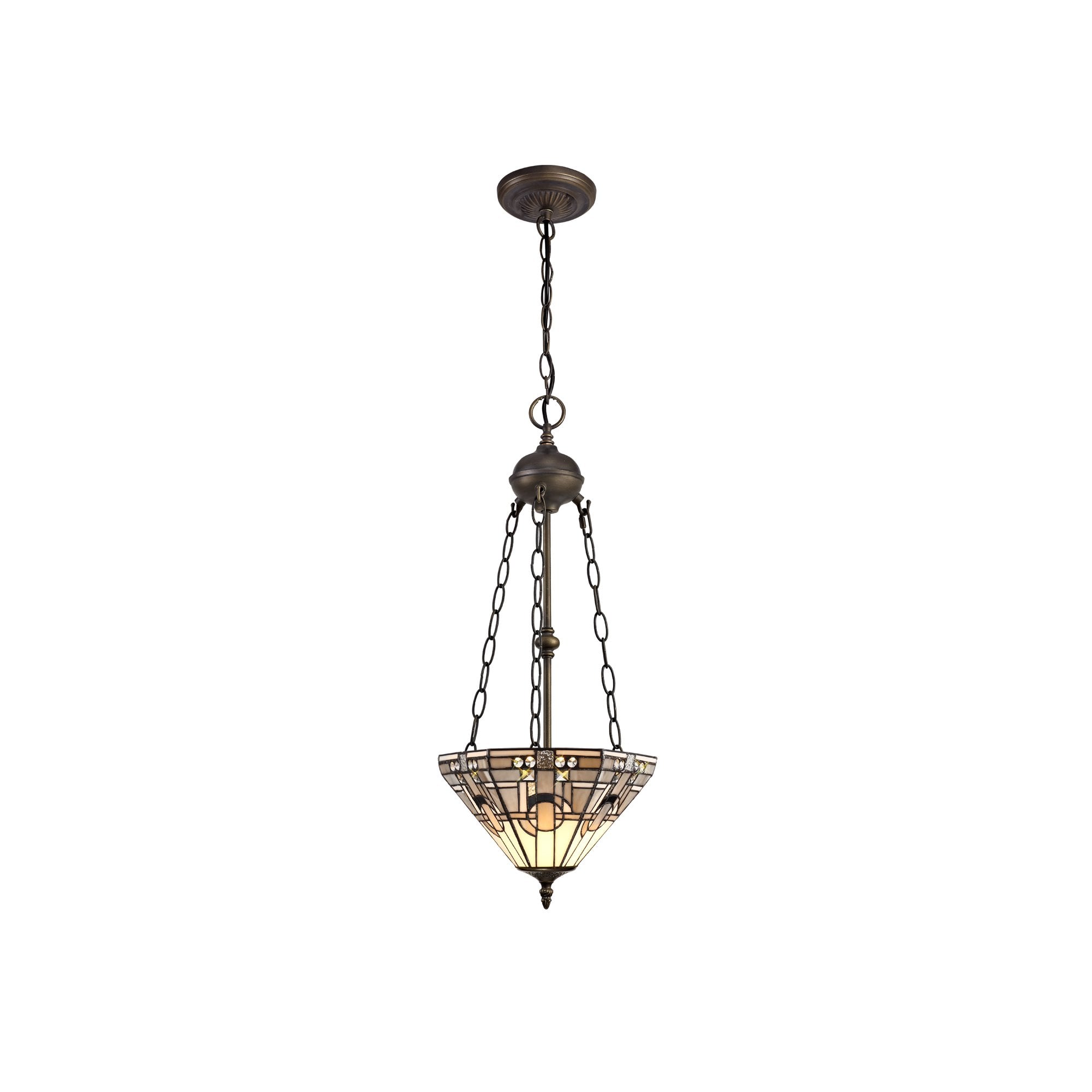 2 Light Uplighter Pendant E27 With 30cm Tiffany Shade, White/Grey/Black/Clear Crystal/Aged Antique Brass