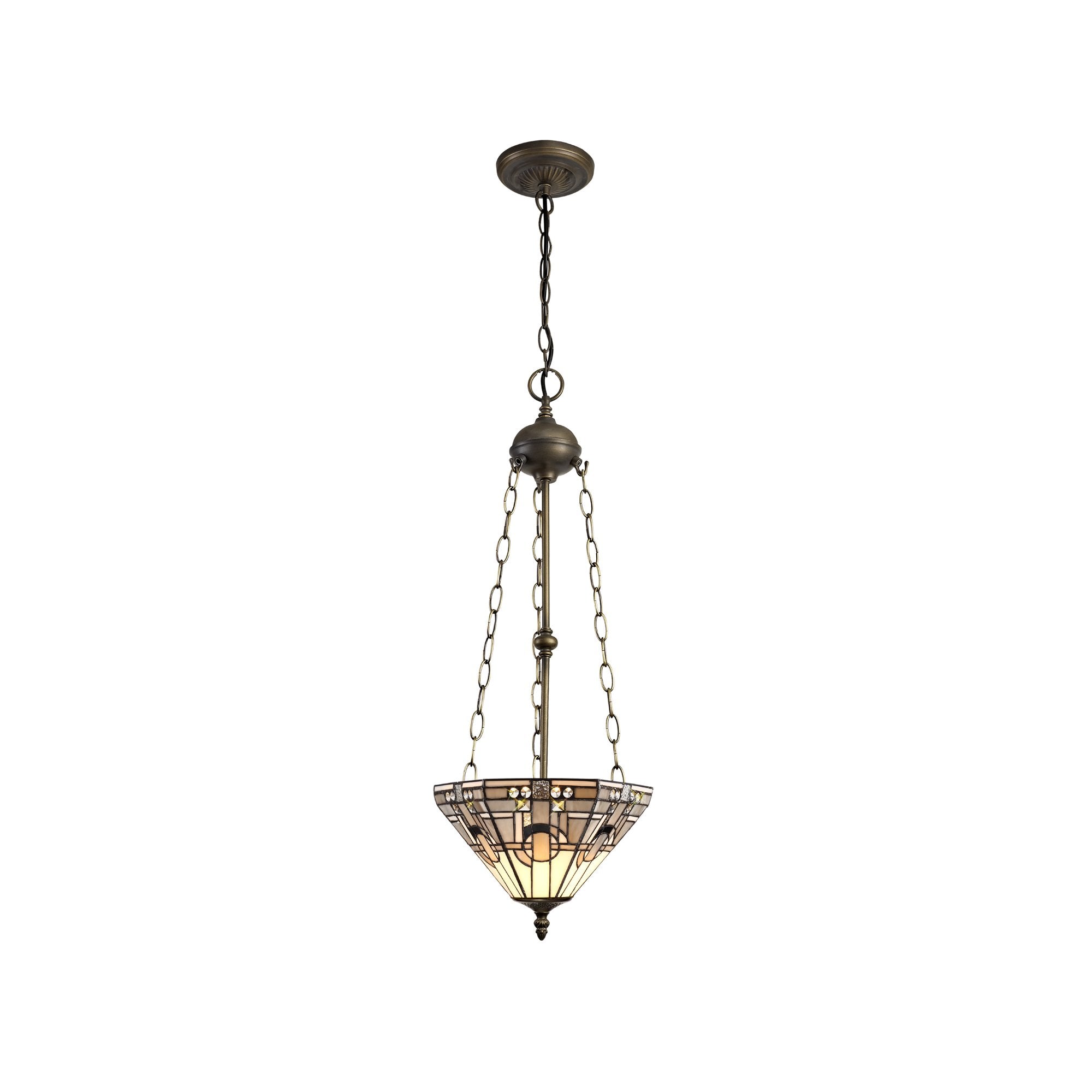 3 Light Uplighter Pendant E27 With 30cm Tiffany Shade, White/Grey/Black/Clear Crystal/Aged Antique Brass