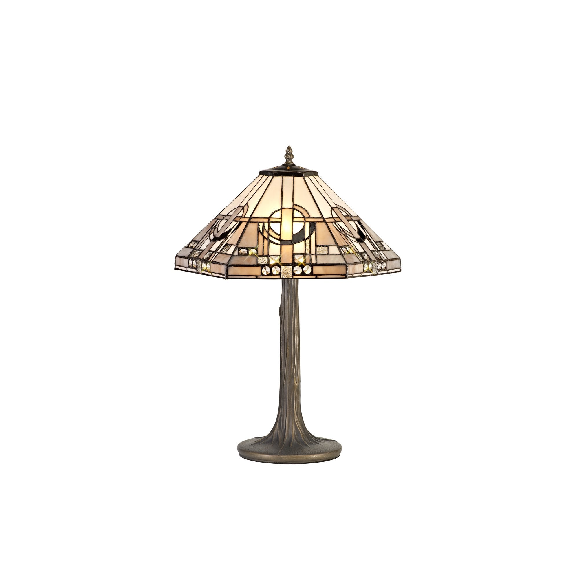 2 Light Tree Like Table Lamp E27 With 40cm Tiffany Shade, White/Grey/Black/Clear Crystal/Aged Antique Brass