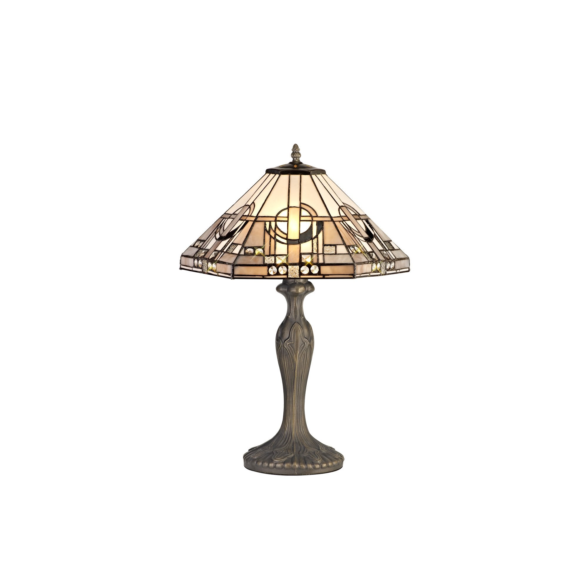 2 Light Curved Table Lamp E27 With 40cm Tiffany Shade, White/Grey/Black/Clear Crystal/Aged Antique Brass