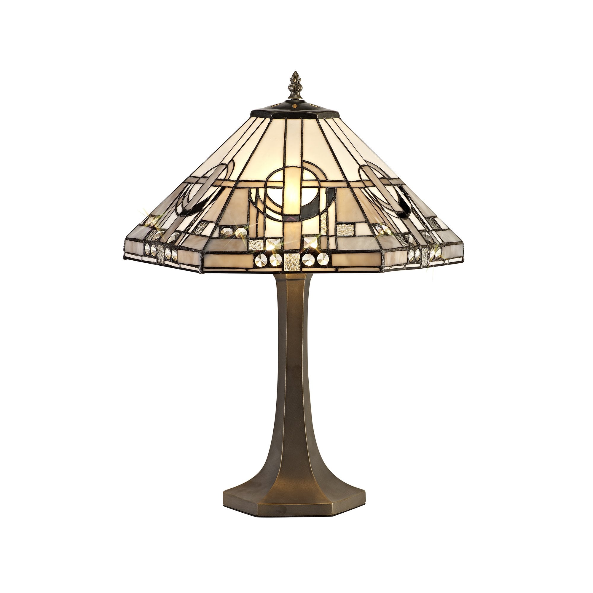 2 Light Octagonal Table Lamp E27 With 40cm Tiffany Shade, White/Grey/Black/Clear Crystal/Aged Antique Brass