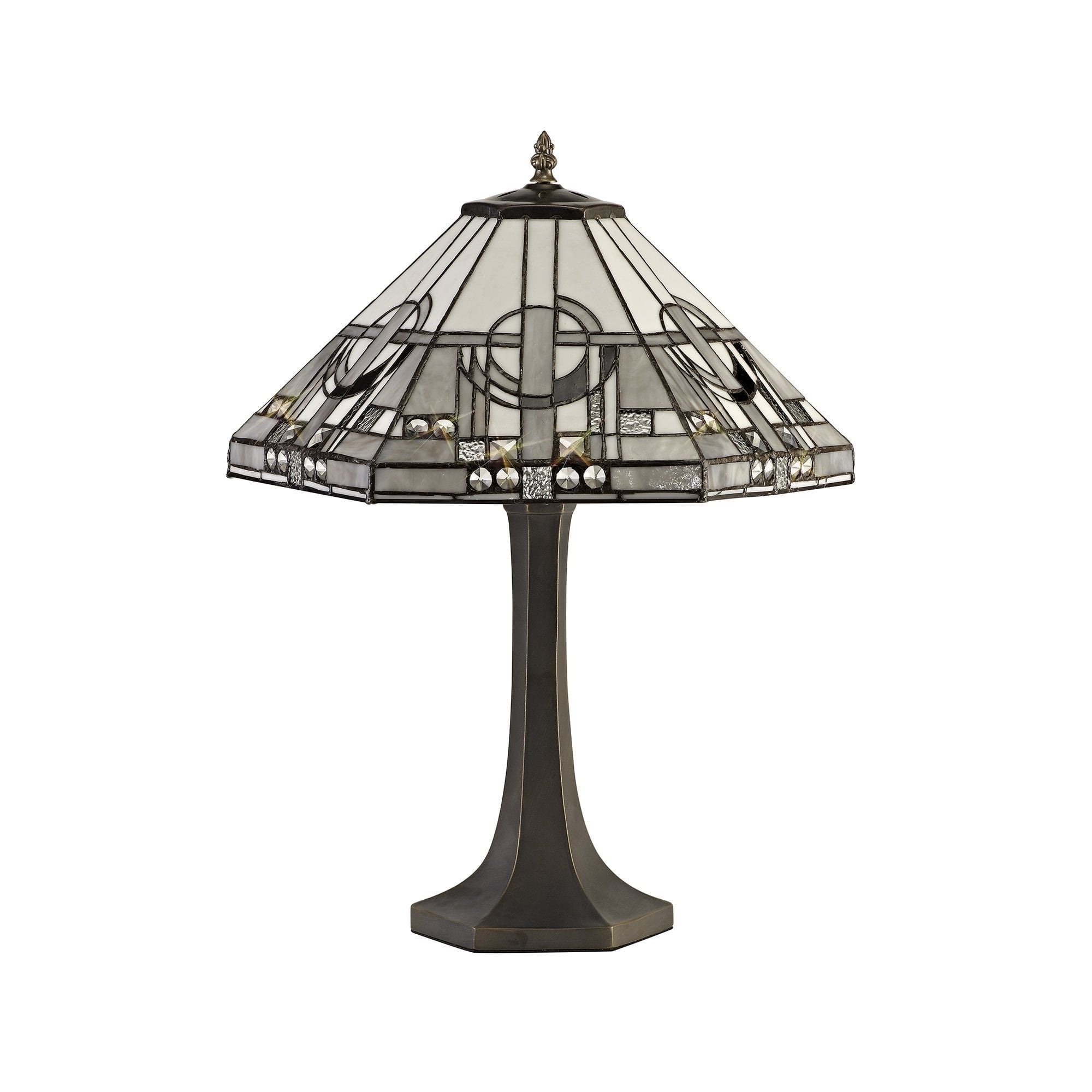 2 Light Octagonal Table Lamp E27 With 40cm Tiffany Shade, White/Grey/Black/Clear Crystal/Aged Antique Brass