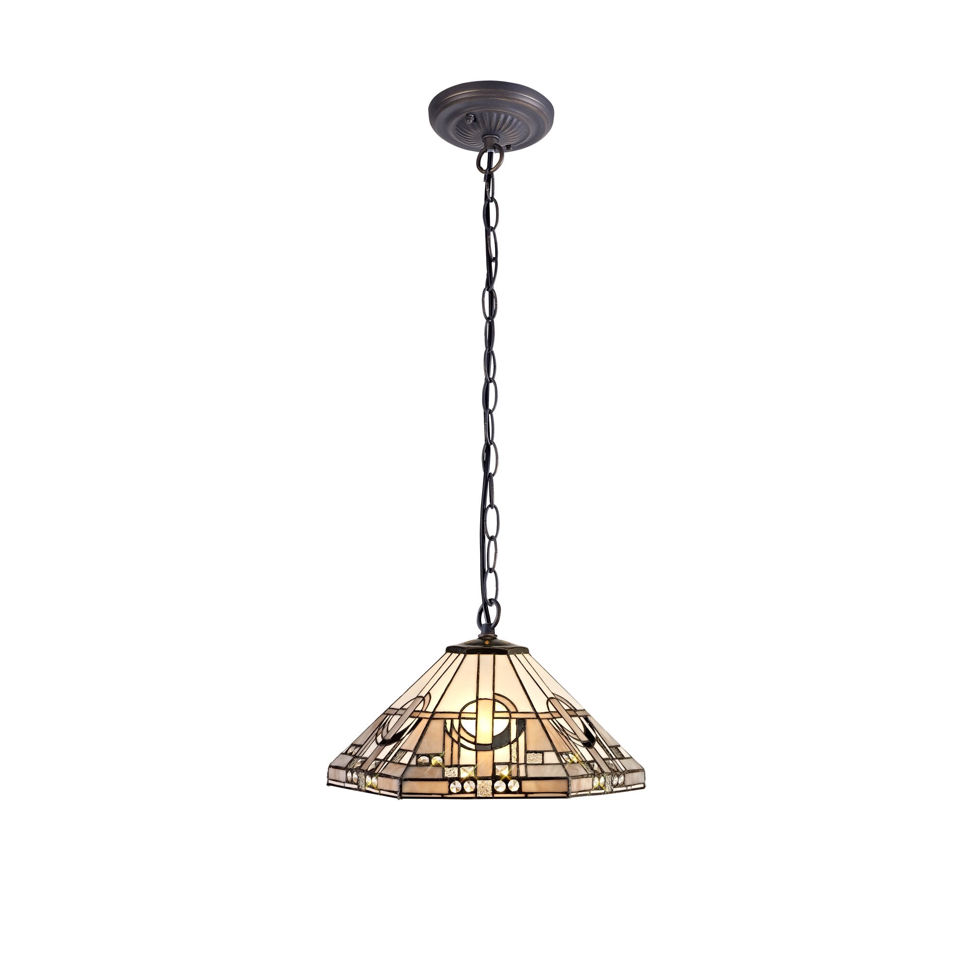 1 Light Downlighter Pendant E27 With 40cm Tiffany Shade, White/Grey/Black/Clear Crystal/Aged Antique Brass