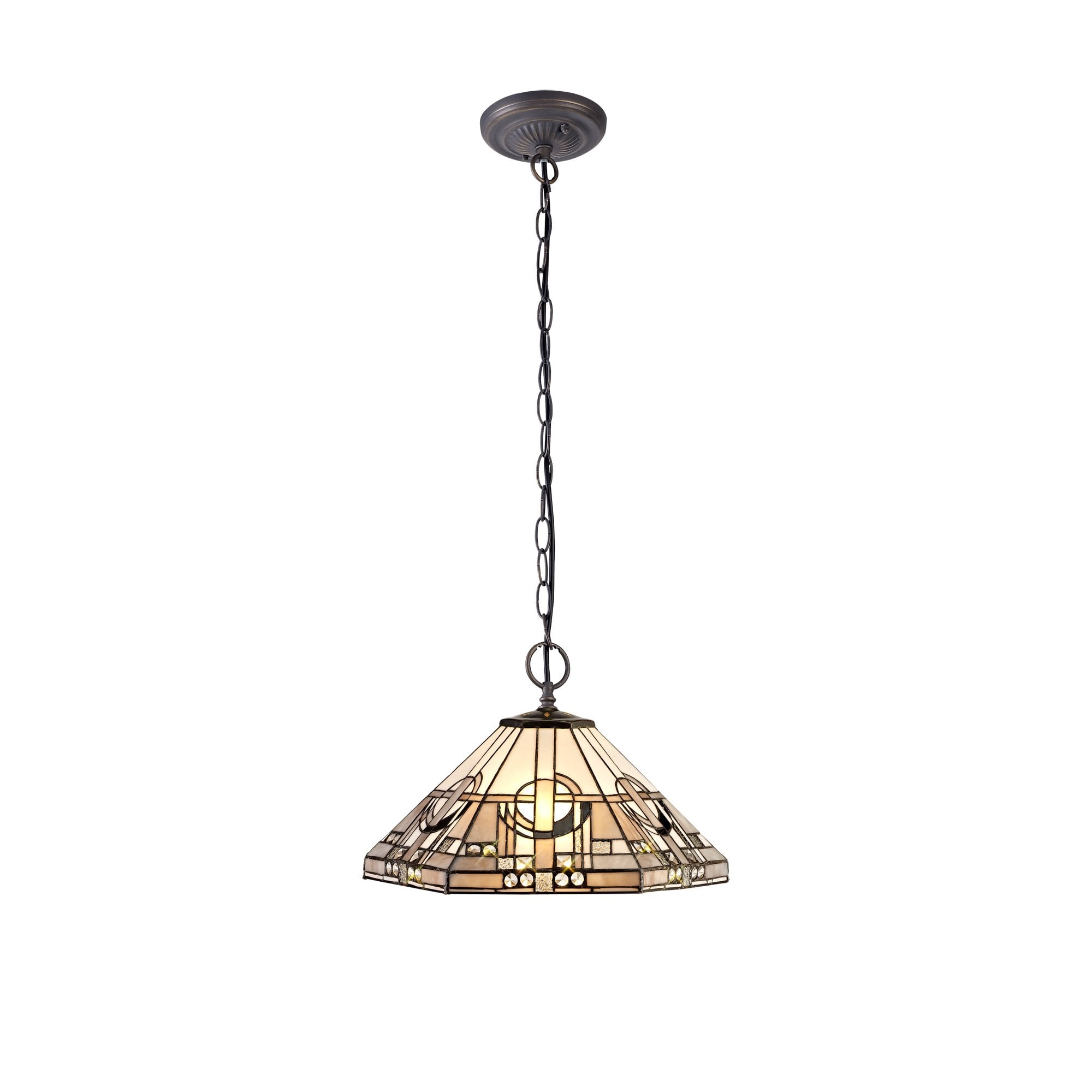 2 Light Downlighter Pendant E27 With 40cm Tiffany Shade, White/Grey/Black/Clear Crystal/Aged Antique Brass