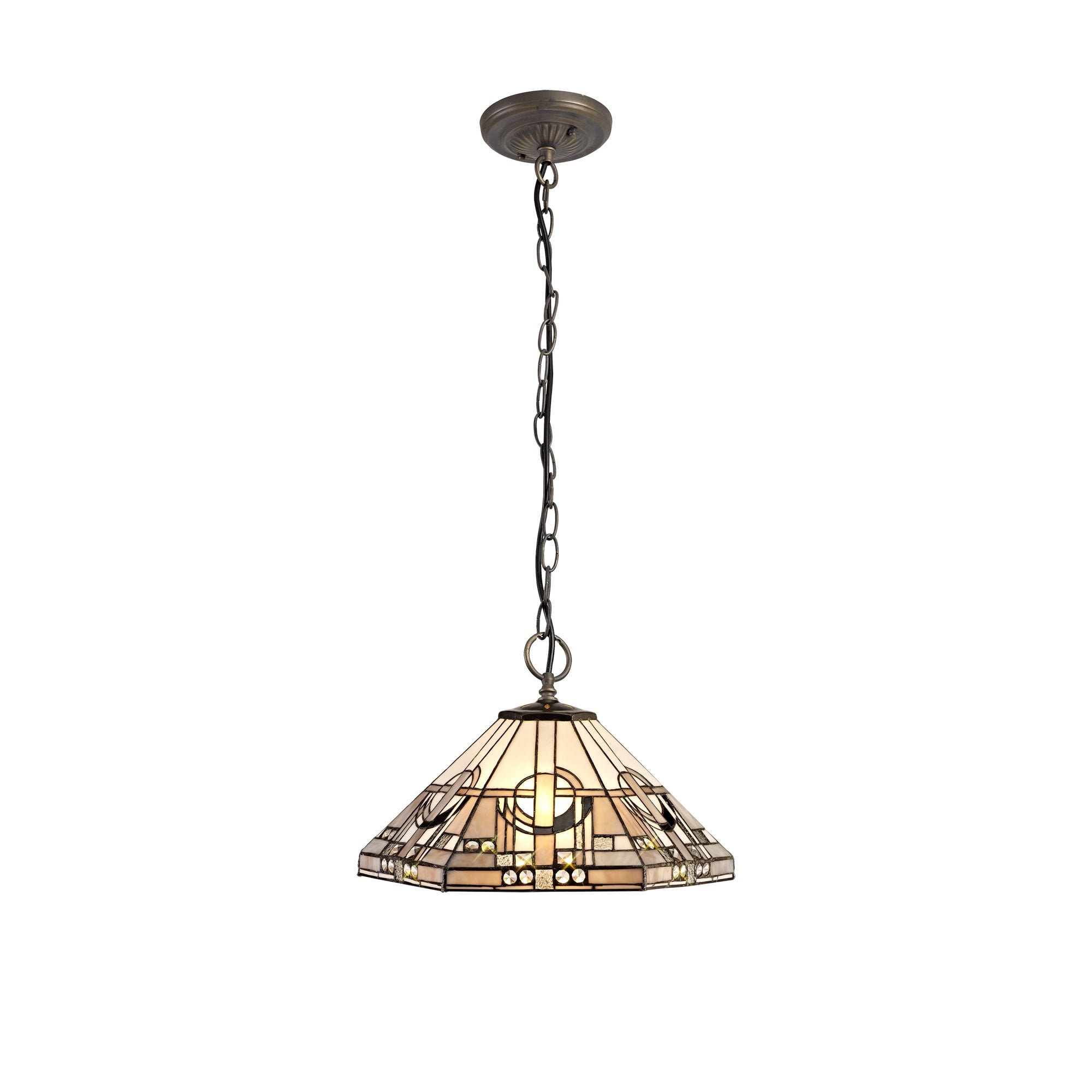 3 Light Downlighter Pendant E27 With 40cm Tiffany Shade, White/Grey/Black/Clear Crystal/Aged Antique Brass