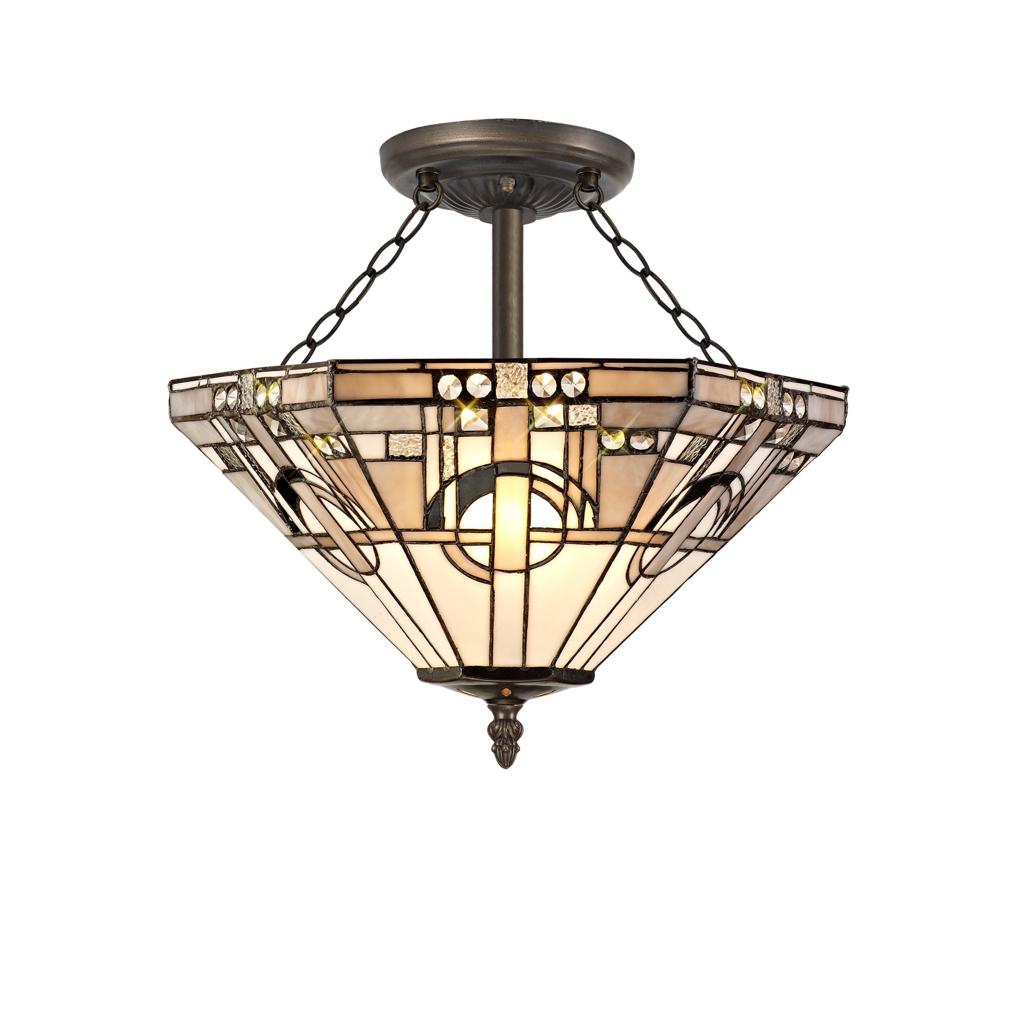 3 Light E27 Semi Ceiling With Tiffany Shade 40cm Shade, White/Grey/Black/Clear Crystal/Aged Antique Brass