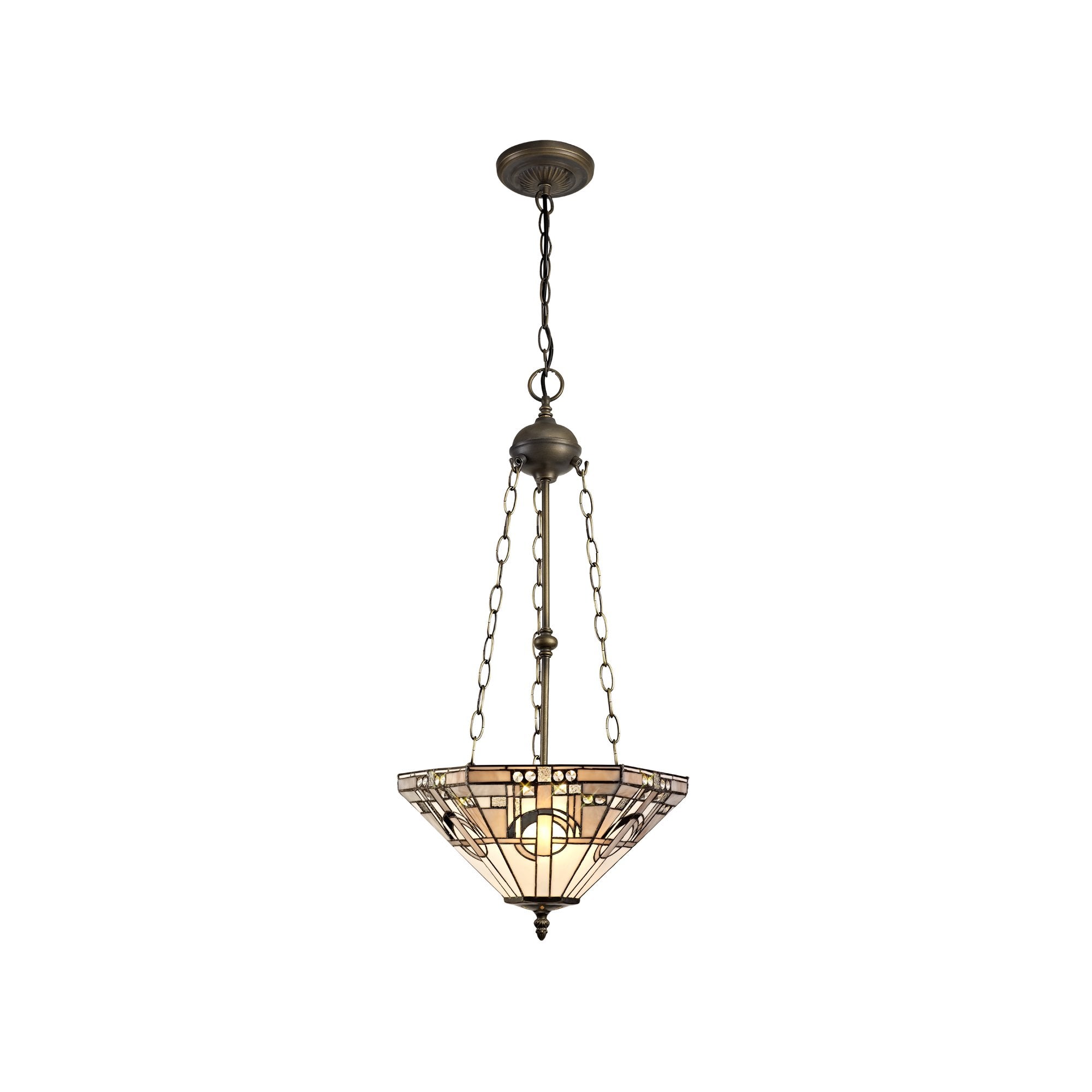 3 Light Uplighter Pendant E27 With 40cm Tiffany Shade, White/Grey/Black/Clear Crystal/Aged Antique Brass