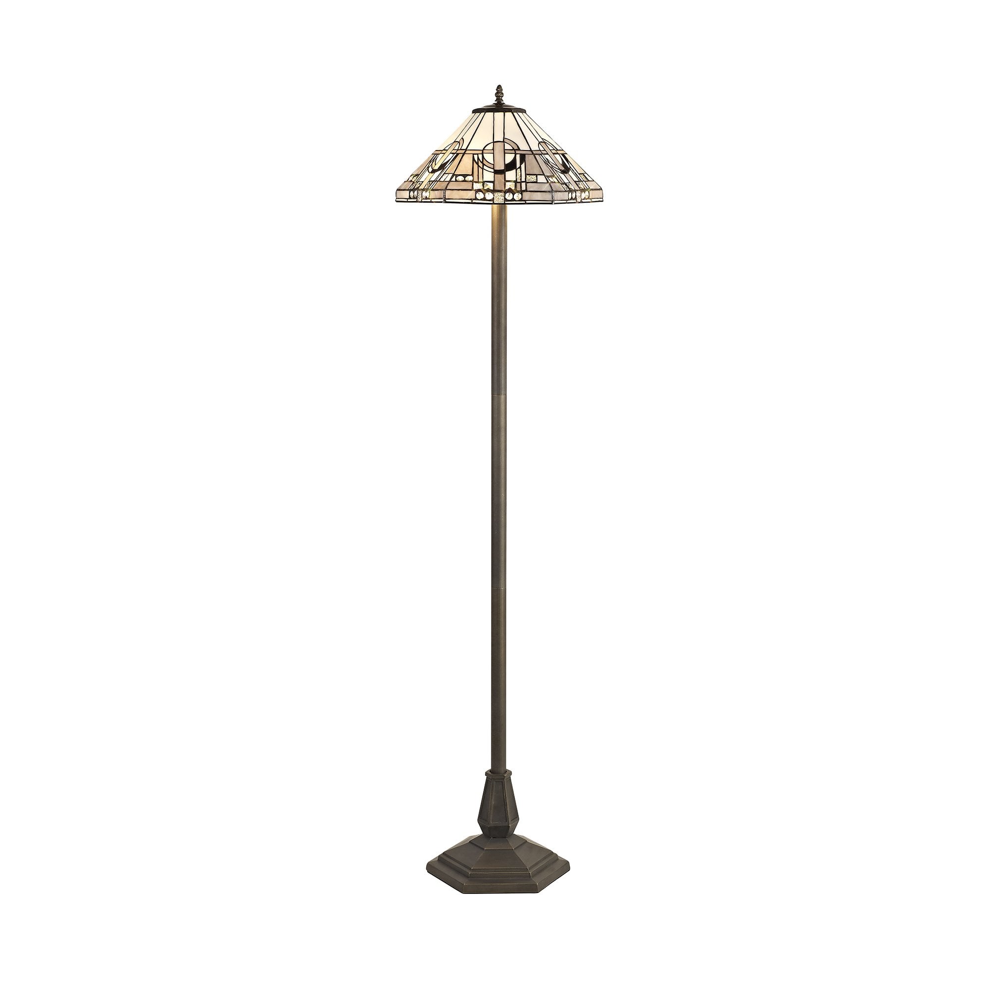 2 Light Octagonal Floor Lamp E27 With 40cm Tiffany Shade, White/Grey/Black/Clear Crystal/Aged Antique Brass