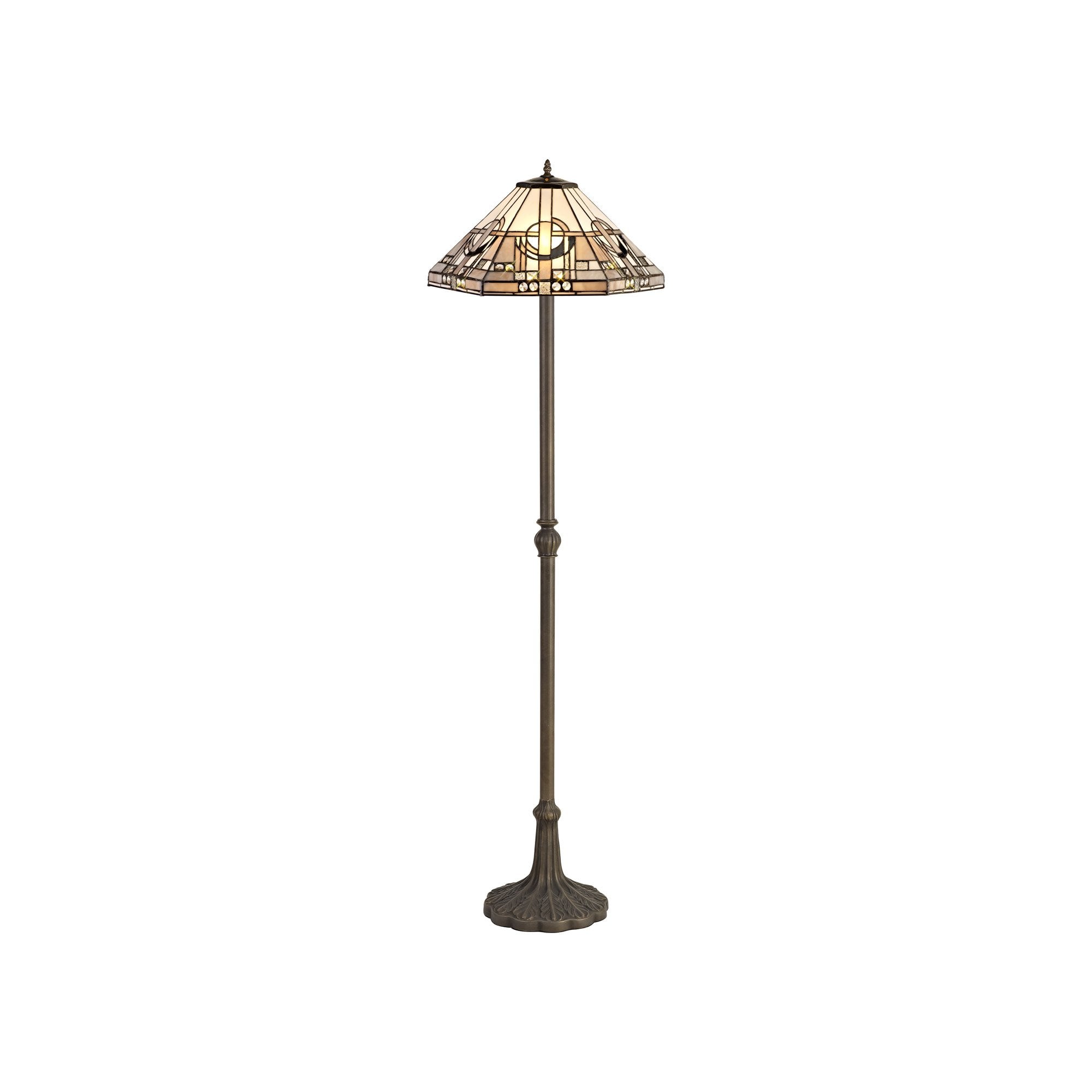 2 Light Leaf Design Floor Lamp E27 With 40cm Tiffany Shade, White/Grey/Black/Clear Crystal/Aged Antique Brass