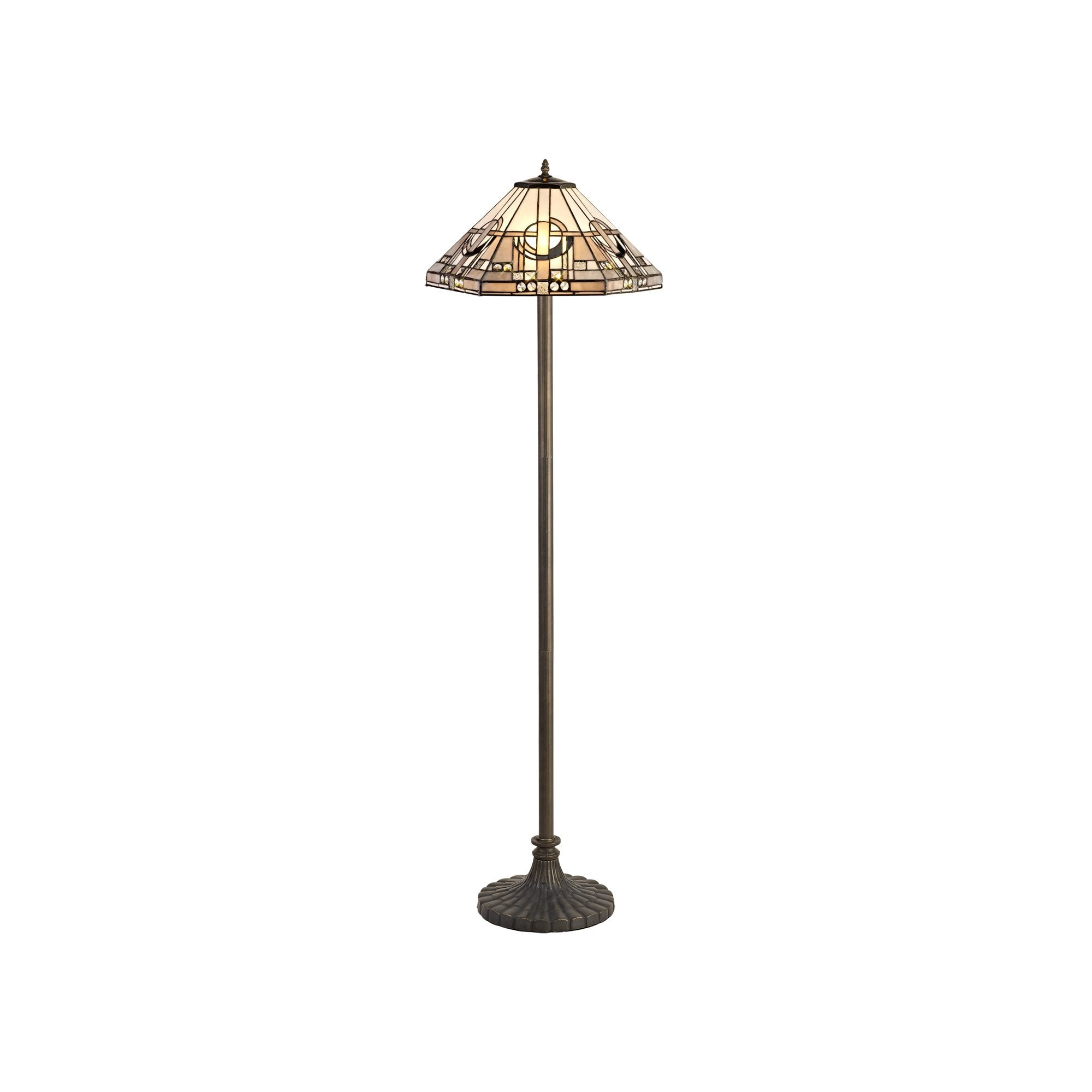 2 Light Stepped Design Floor Lamp E27 With 40cm Tiffany Shade, White/Grey/Black/Clear Crystal/Aged Antique Brass