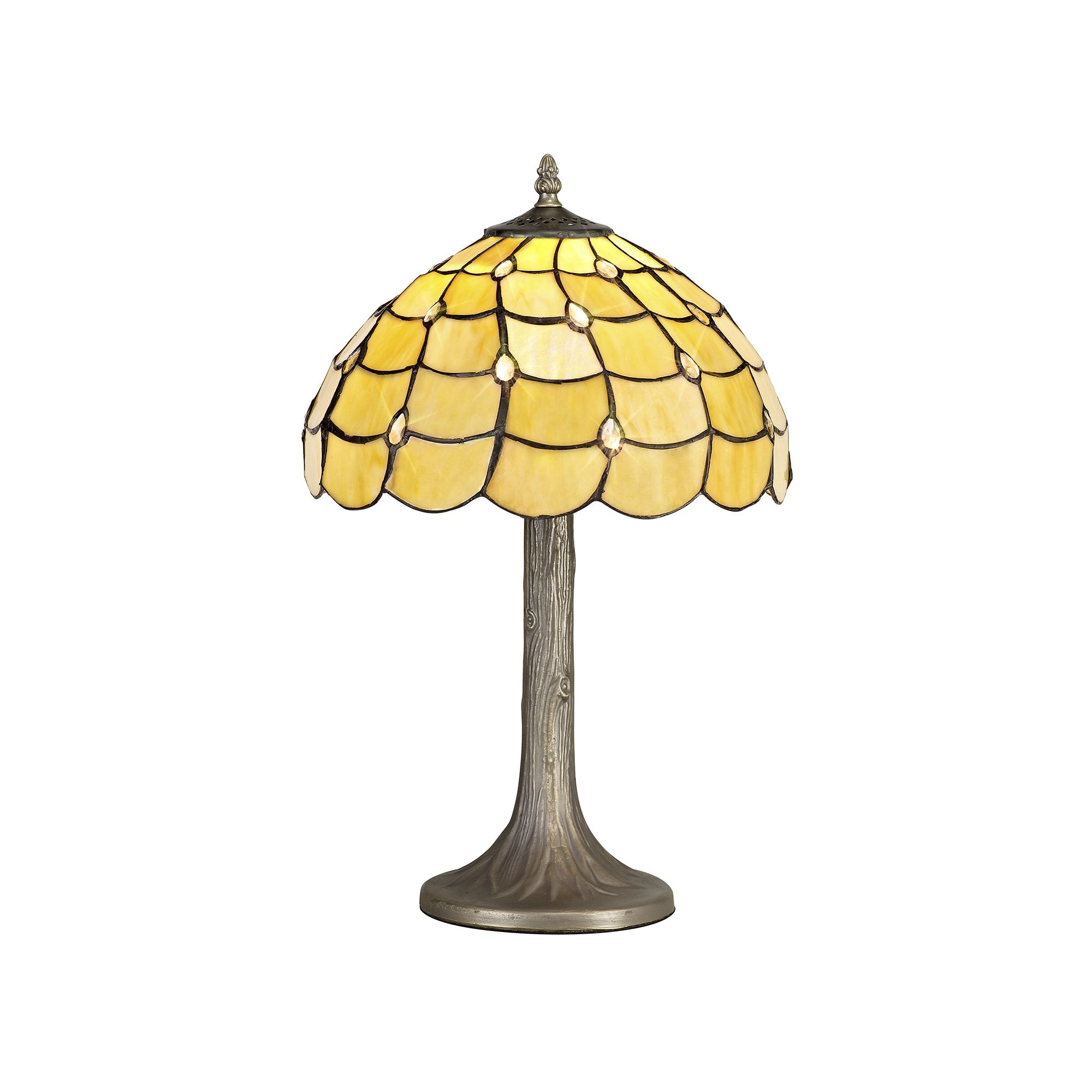 1 Light Tree Like Table Lamp E27 With 30cm Tiffany Shade, Beige/Clear Crystal/Aged Antique Brass