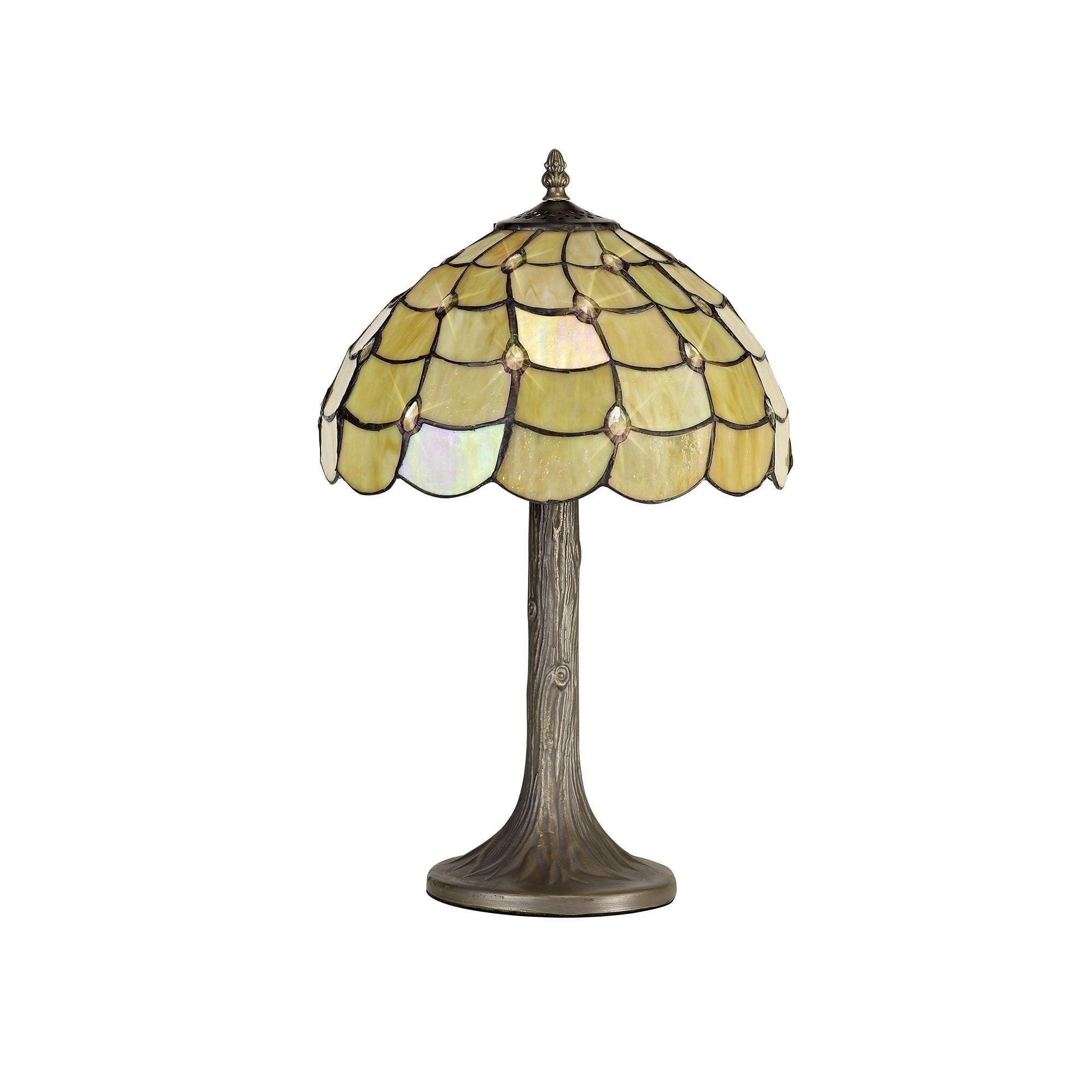 1 Light Tree Like Table Lamp E27 With 30cm Tiffany Shade, Beige/Clear Crystal/Aged Antique Brass