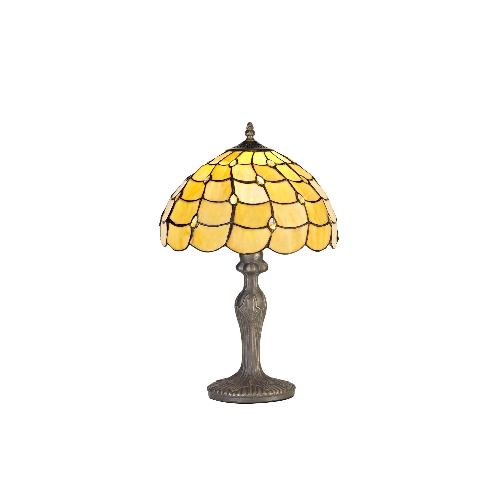 1 Light Curved Table Lamp E27 With 30cm Tiffany Shade, Beige/Clear Crystal/Aged Antique Brass