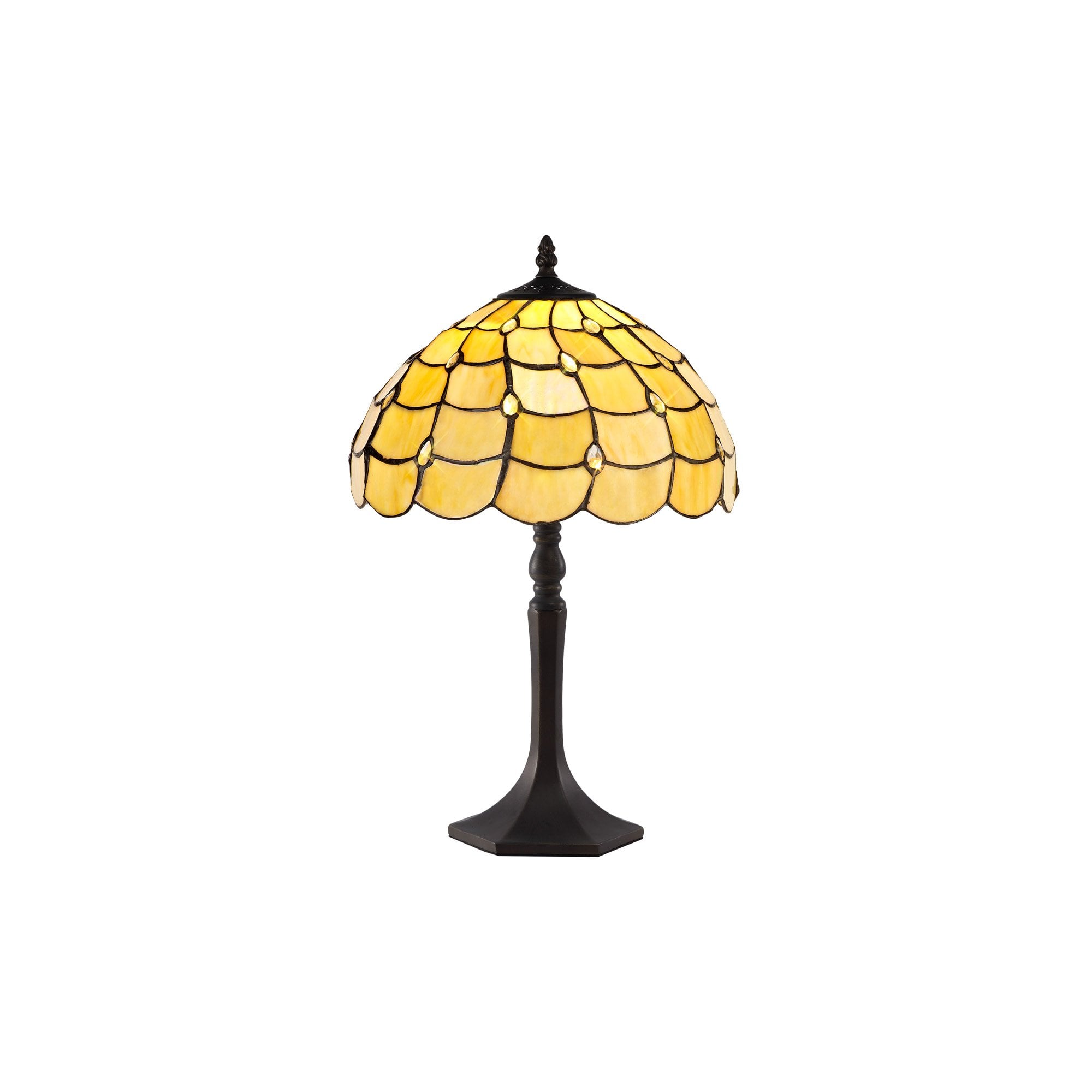 1 Light Octagonal Table Lamp E27 With 30cm Tiffany Shade, Beige/Clear Crystal/Aged Antique Brass