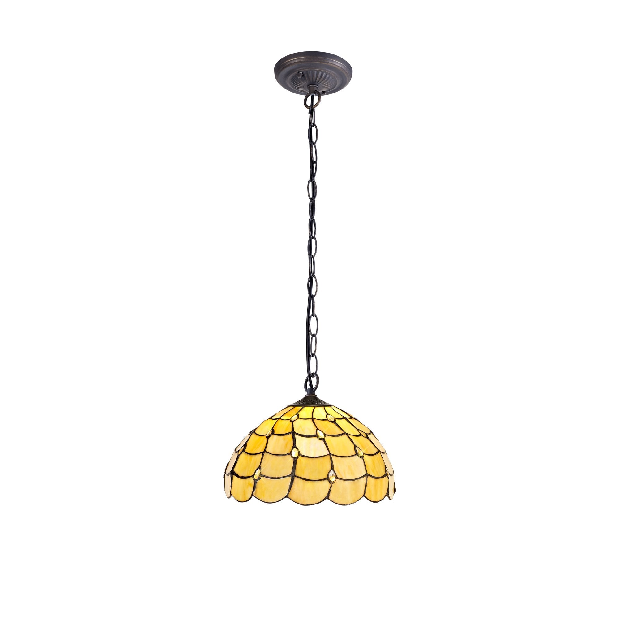 1 Light Downlighter Pendant E27 With 30cm Tiffany Shade, Beige/Clear Crystal/Aged Antique Brass