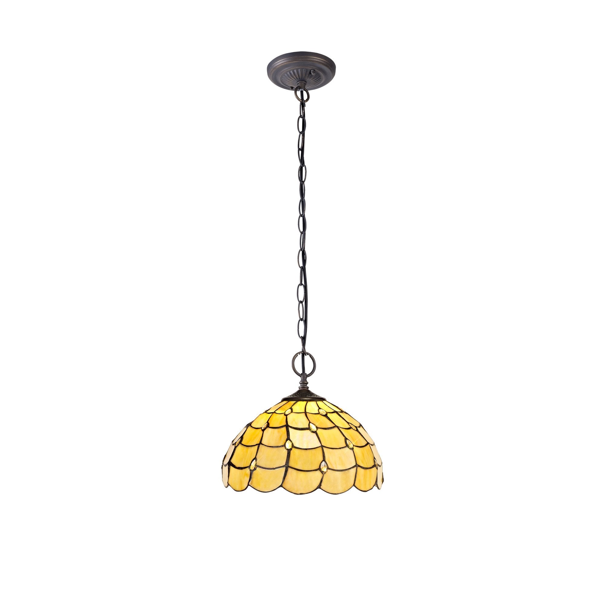 2 Light Downlighter Pendant E27 With 30cm Tiffany Shade, Beige/Clear Crystal/Aged Antique Brass