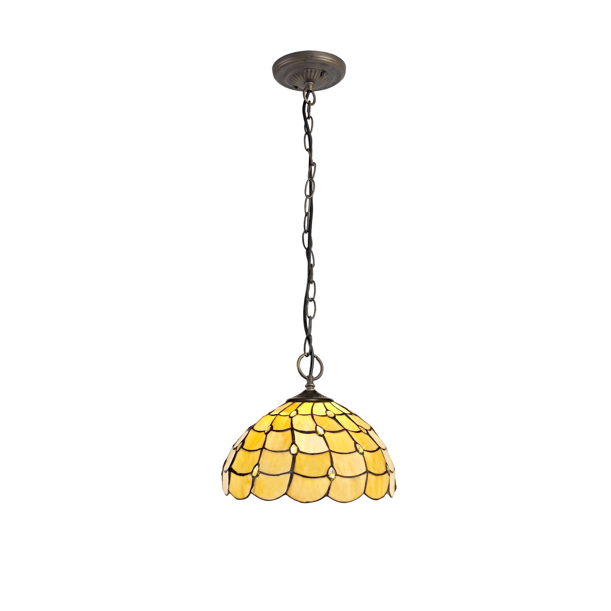 3 Light Downlighter Pendant E27 With 30cm Tiffany Shade, Beige/Clear Crystal/Aged Antique Brass