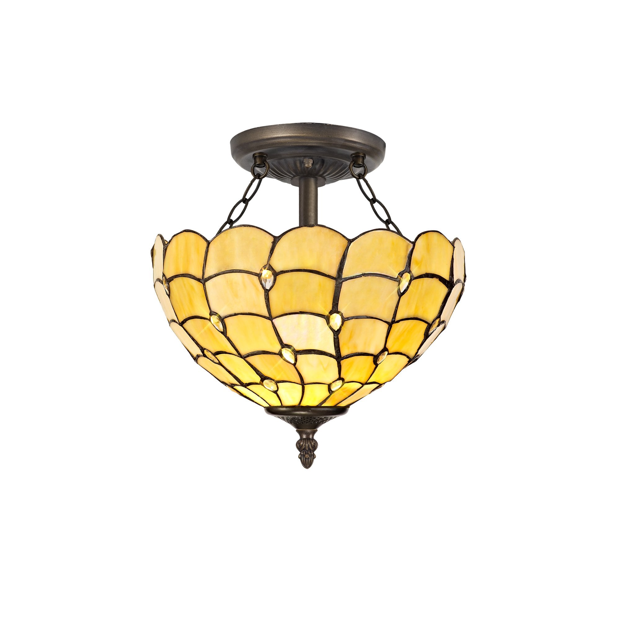 2 Light Semi Ceiling E27 With 30cm Tiffany Shade, Beige/Clear Crystal/Aged Antique Brass