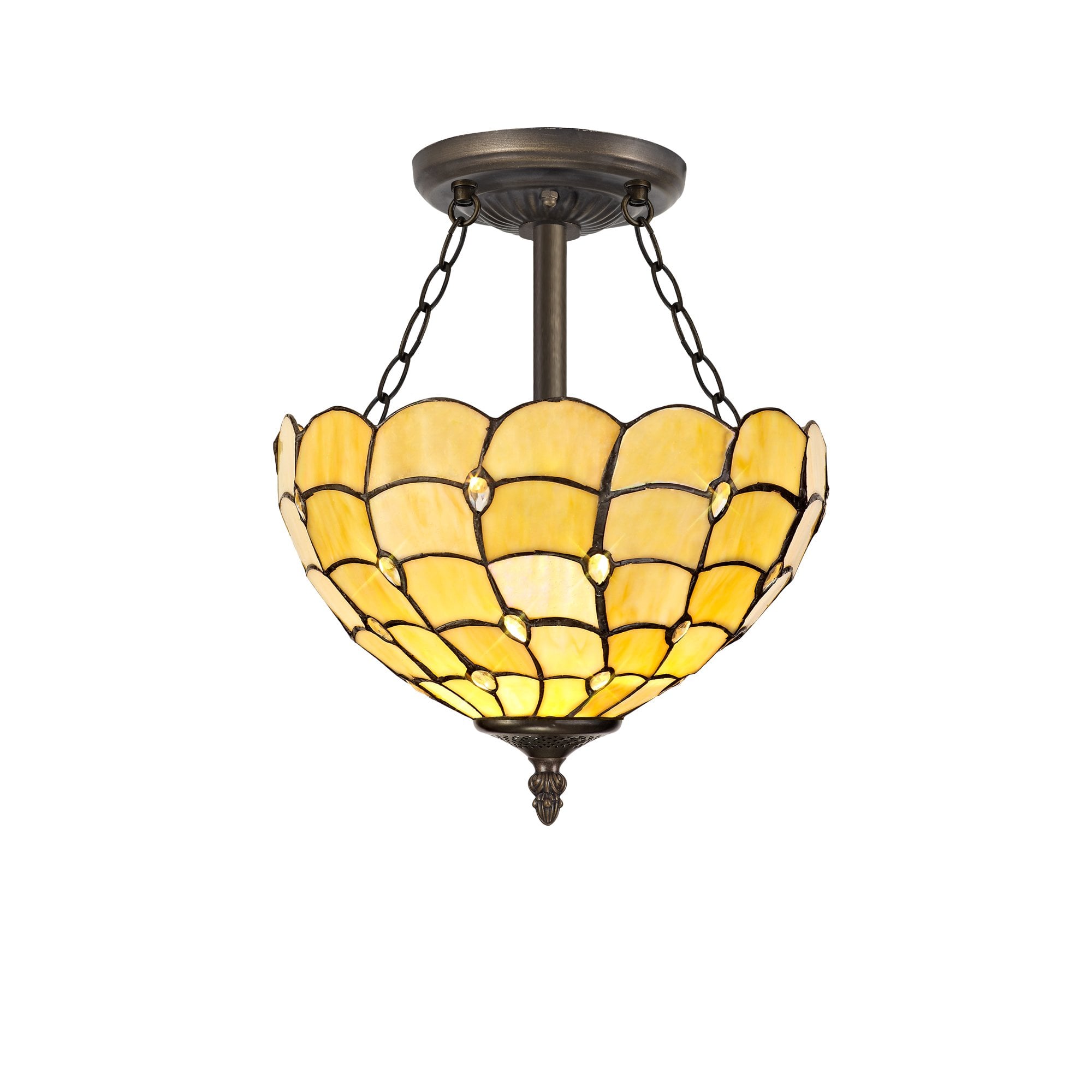 3 Light Semi Ceiling E27 With 30cm Tiffany Shade, Beige/Clear Crystal/Aged Antique Brass