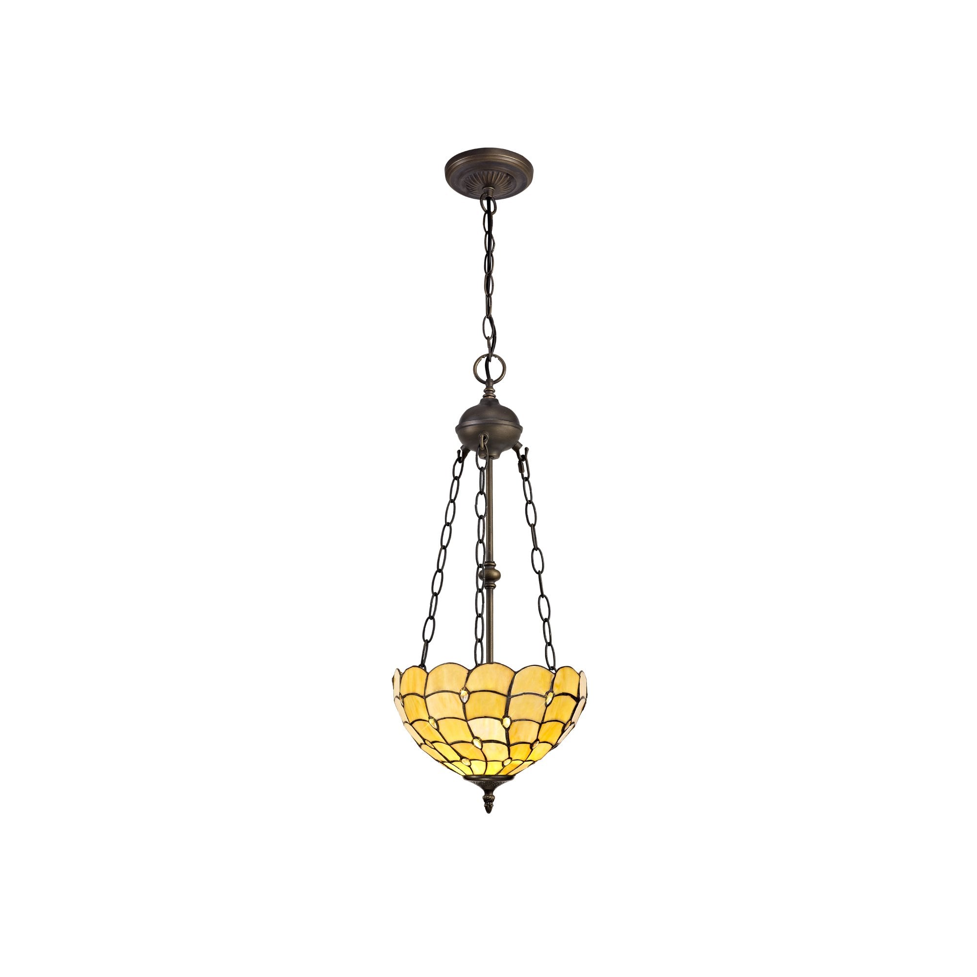 2 Light Uplighter Pendant E27 With 30cm Tiffany Shade, Beige/Clear Crystal/Aged Antique Brass