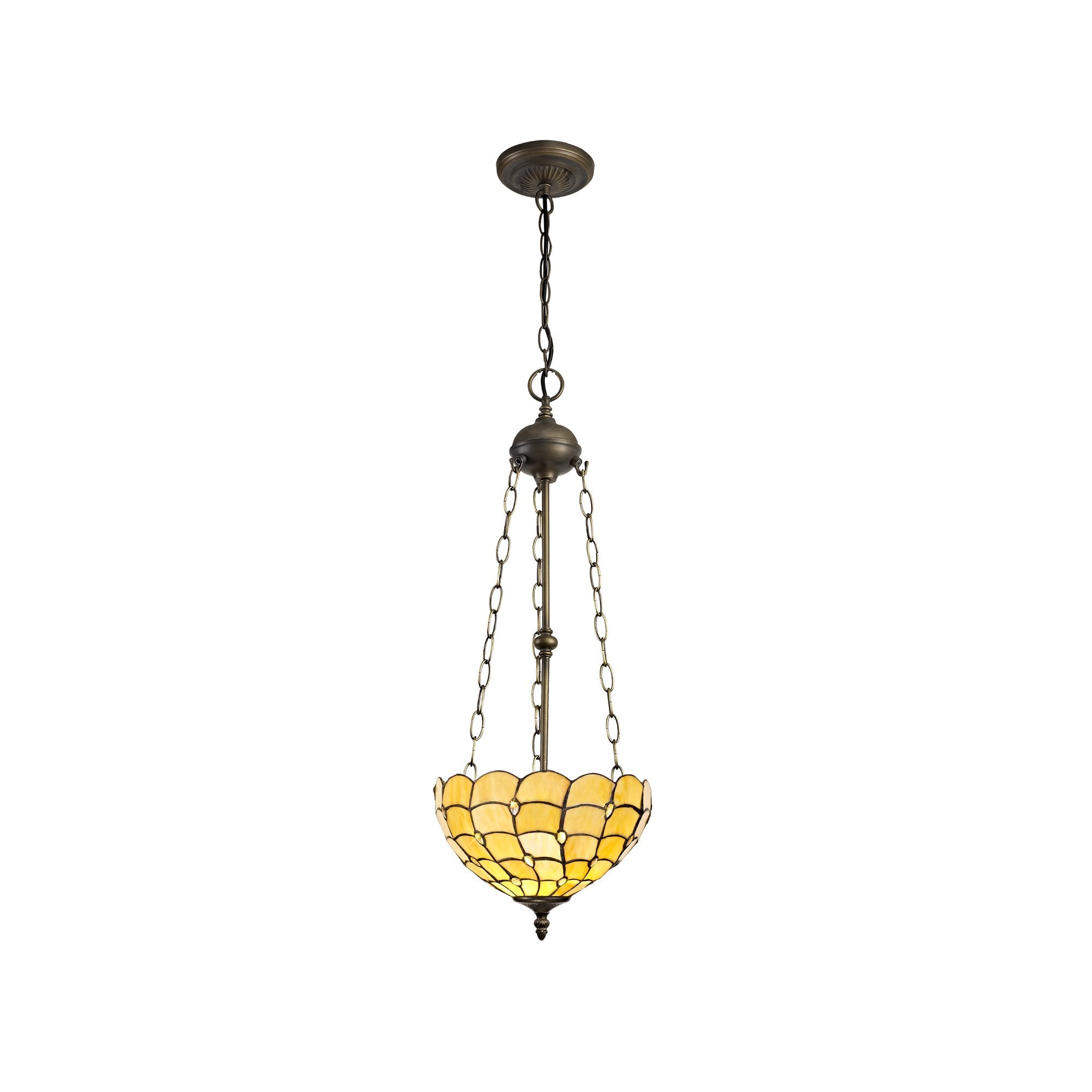 3 Light Uplighter Pendant E27 With 30cm Tiffany Shade, Beige/Clear Crystal/Aged Antique Brass