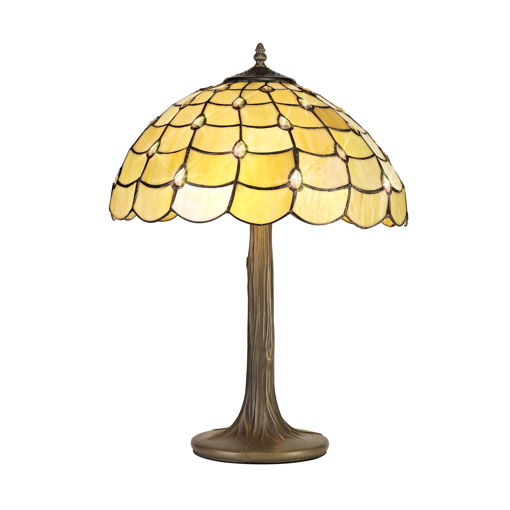 2 Light Tree Like Table Lamp E27 With 40cm Tiffany Shade, Beige/Clear Crystal/Aged Antique Brass