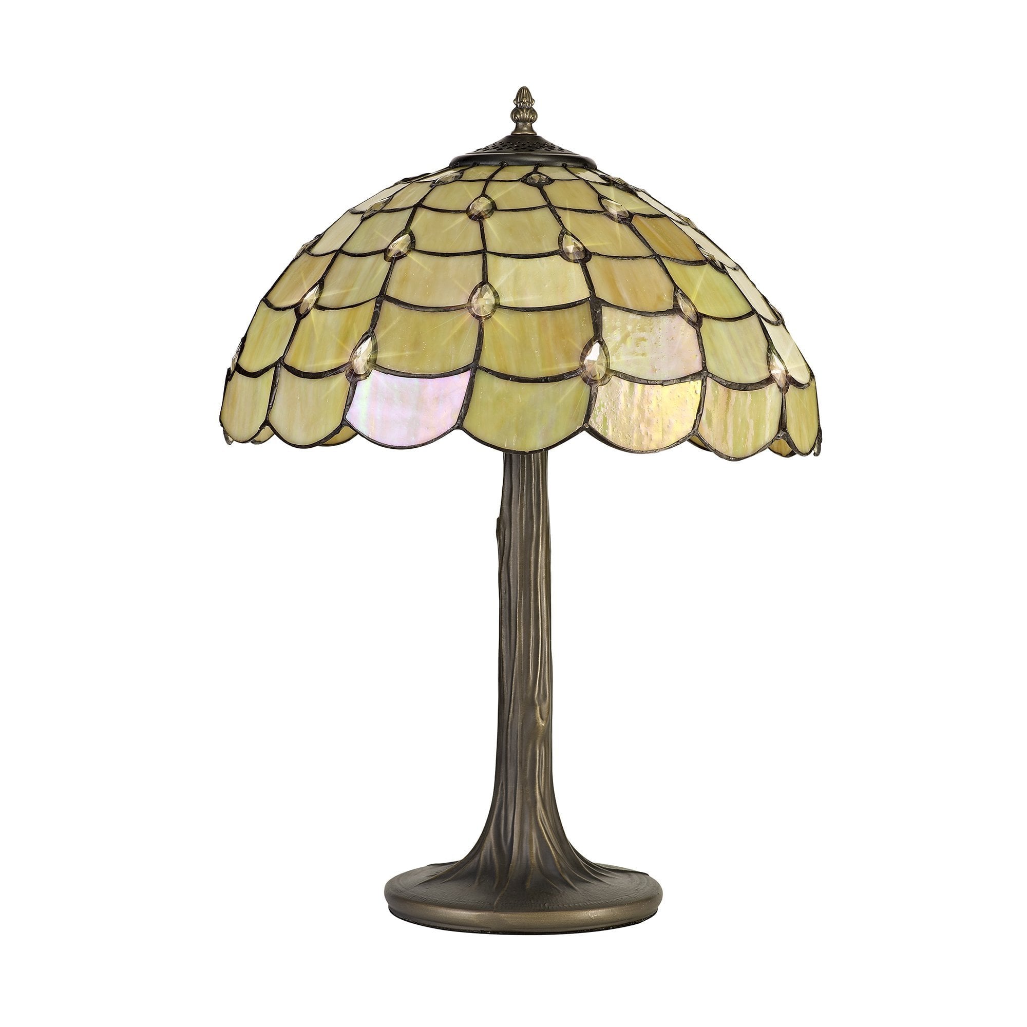 2 Light Tree Like Table Lamp E27 With 40cm Tiffany Shade, Beige/Clear Crystal/Aged Antique Brass