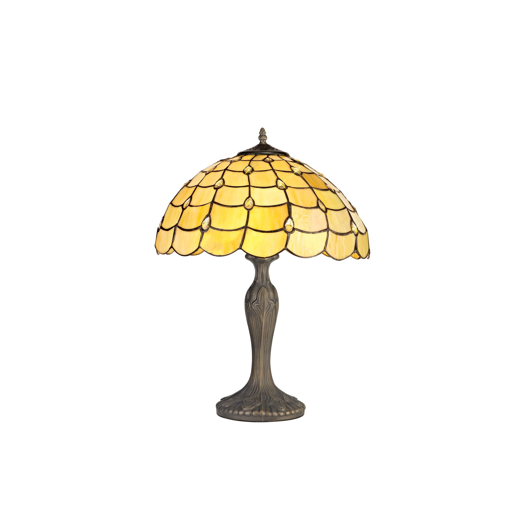 2 Light Curved Table Lamp E27 With 40cm Tiffany Shade, Beige/Clear Crystal/Aged Antique Brass