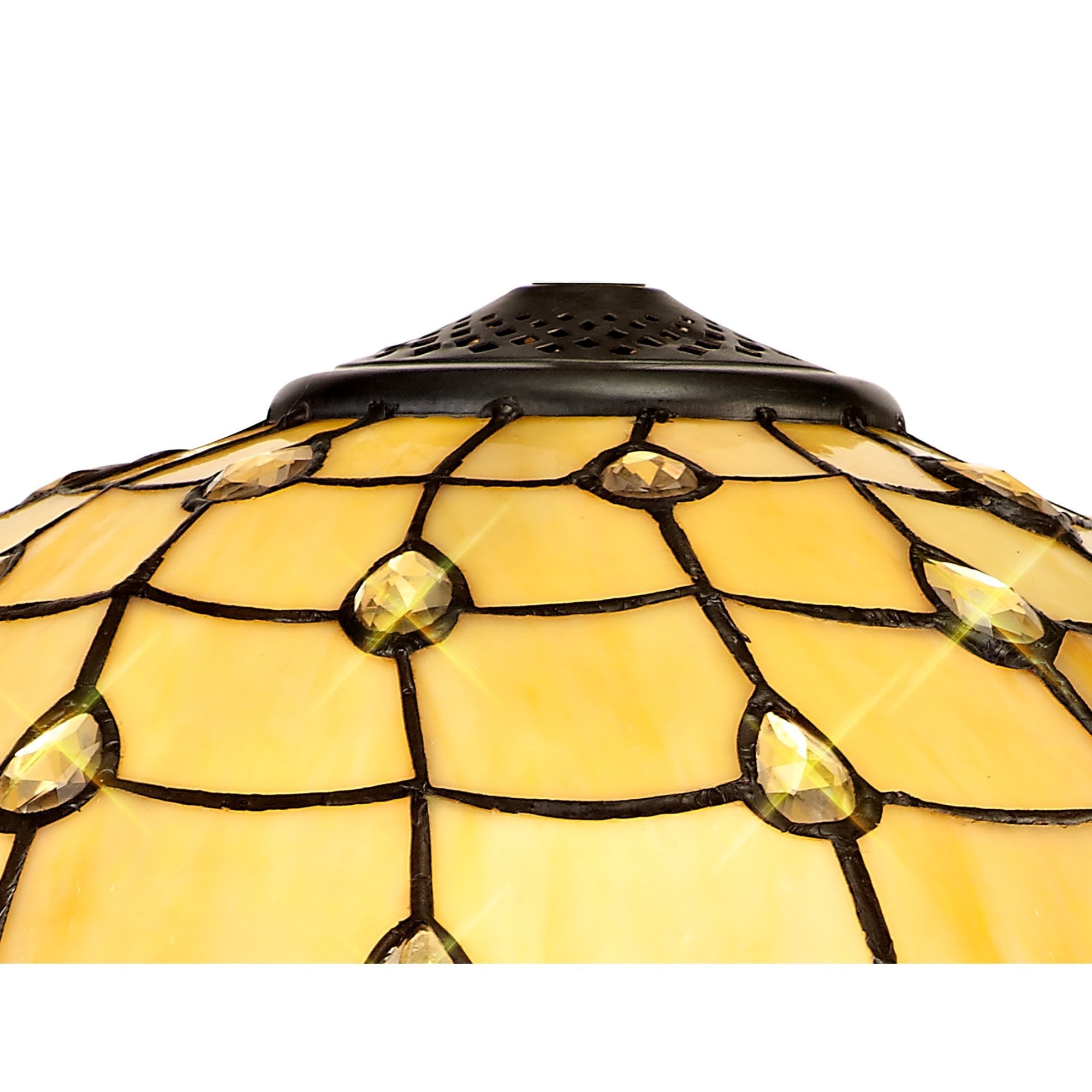 2 Light Curved Table Lamp E27 With 40cm Tiffany Shade, Beige/Clear Crystal/Aged Antique Brass