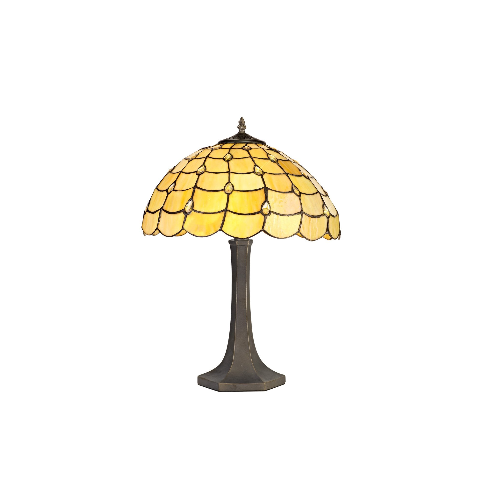 2 Light Octagonal Table Lamp E27 With 40cm Tiffany Shade, Beige/Clear Crystal/Aged Antique Brass