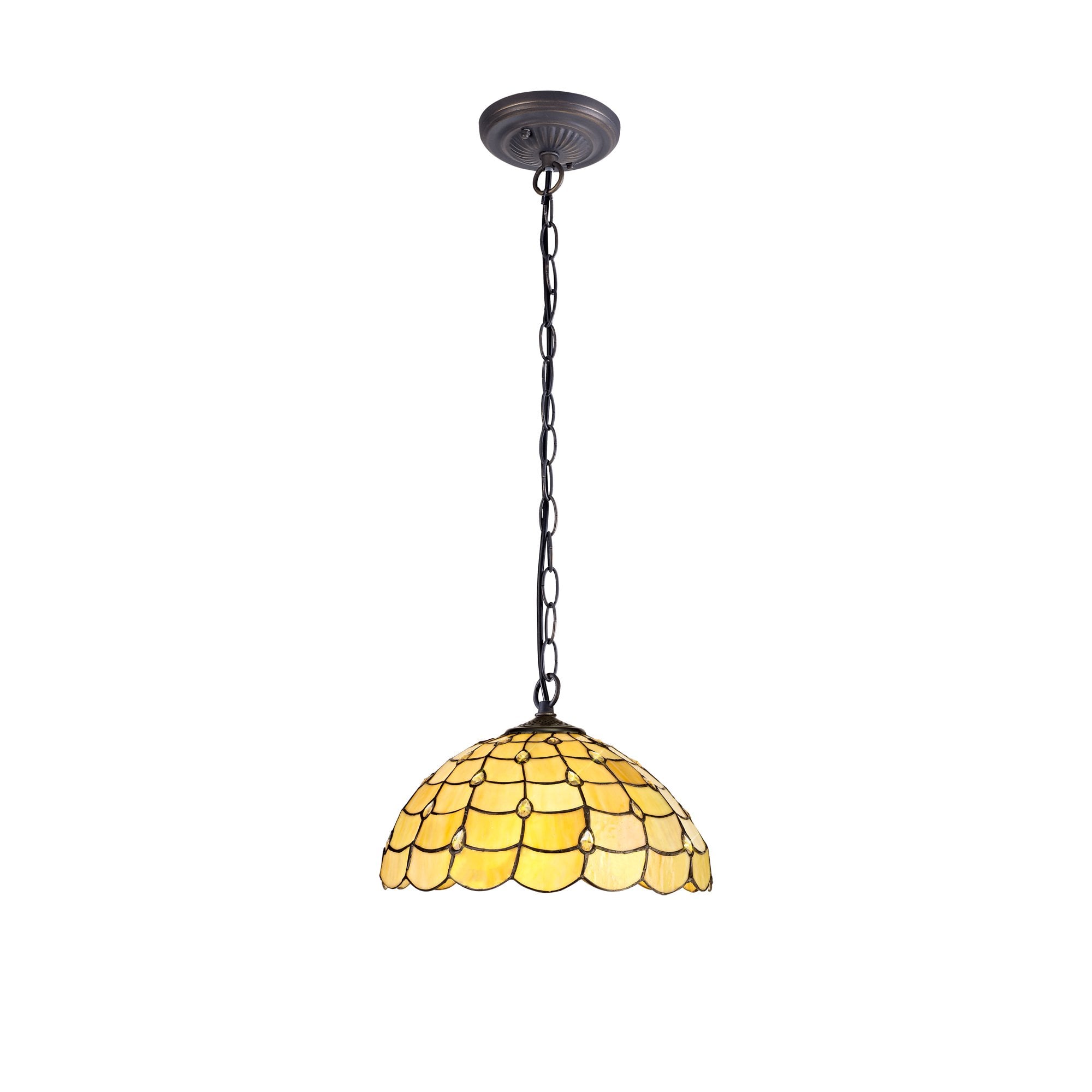 1 Light Downlighter Pendant E27 With 40cm Tiffany Shade, Beige/Clear Crystal/Aged Antique Brass