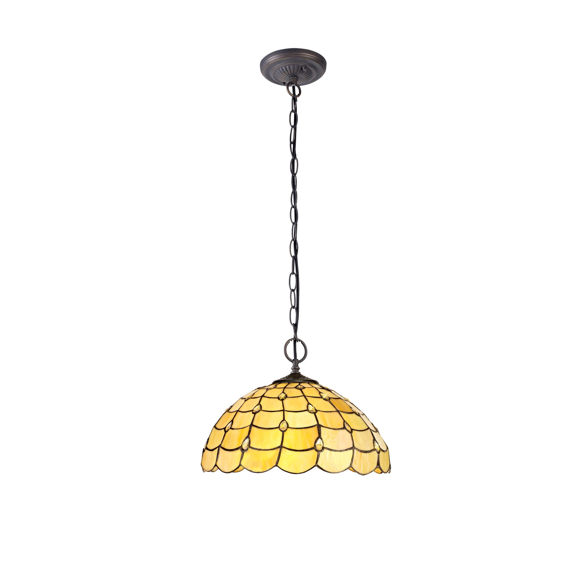 2 Light Downlighter Pendant E27 With 40cm Tiffany Shade, Beige/Clear Crystal/Aged Antique Brass