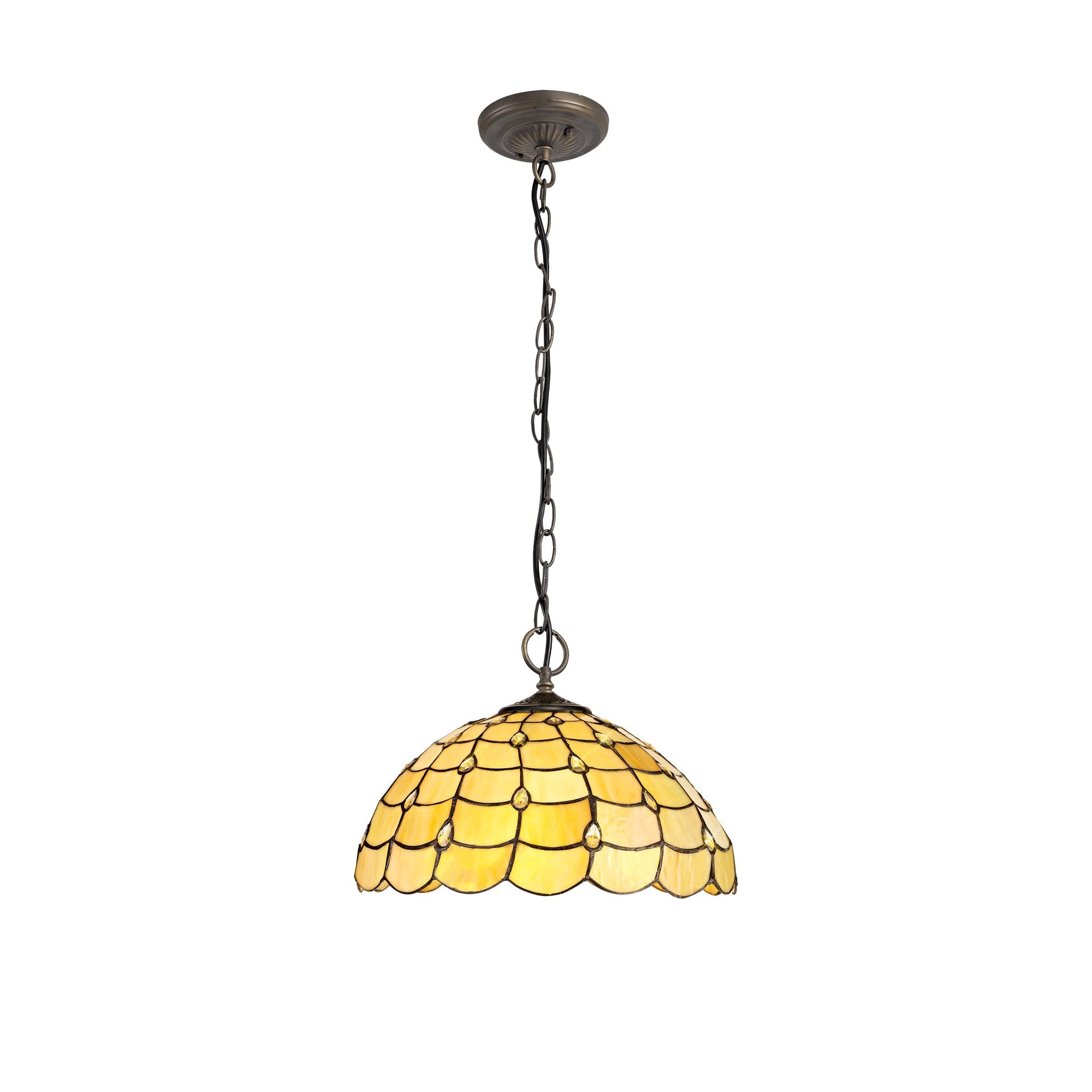 3 Light Downlighter Pendant E27 With 40cm Tiffany Shade, Beige/Clear Crystal/Aged Antique Brass