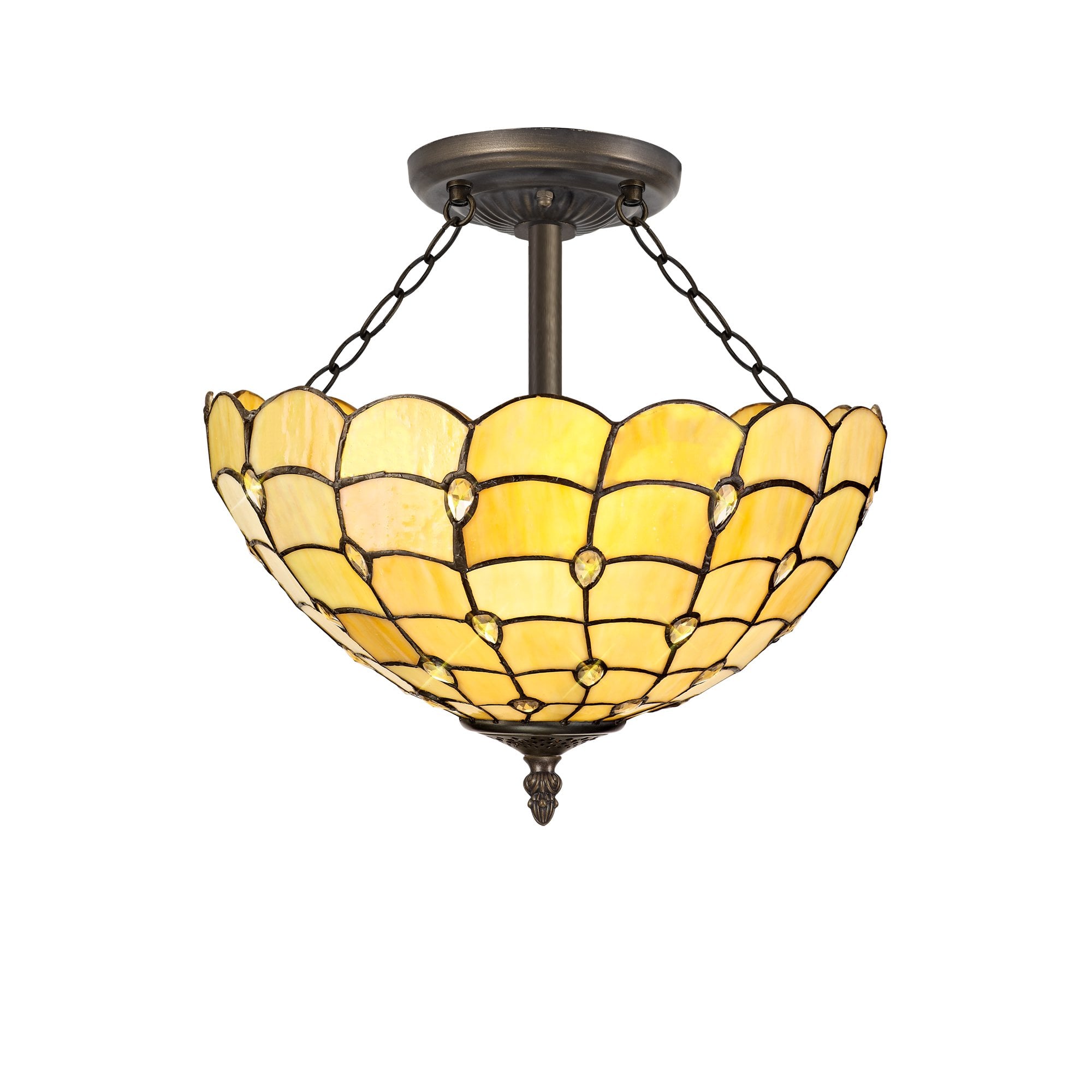 3 Light Semi Ceiling E27 With 40cm Tiffany Shade, Beige/Clear Crystal/Aged Antique Brass