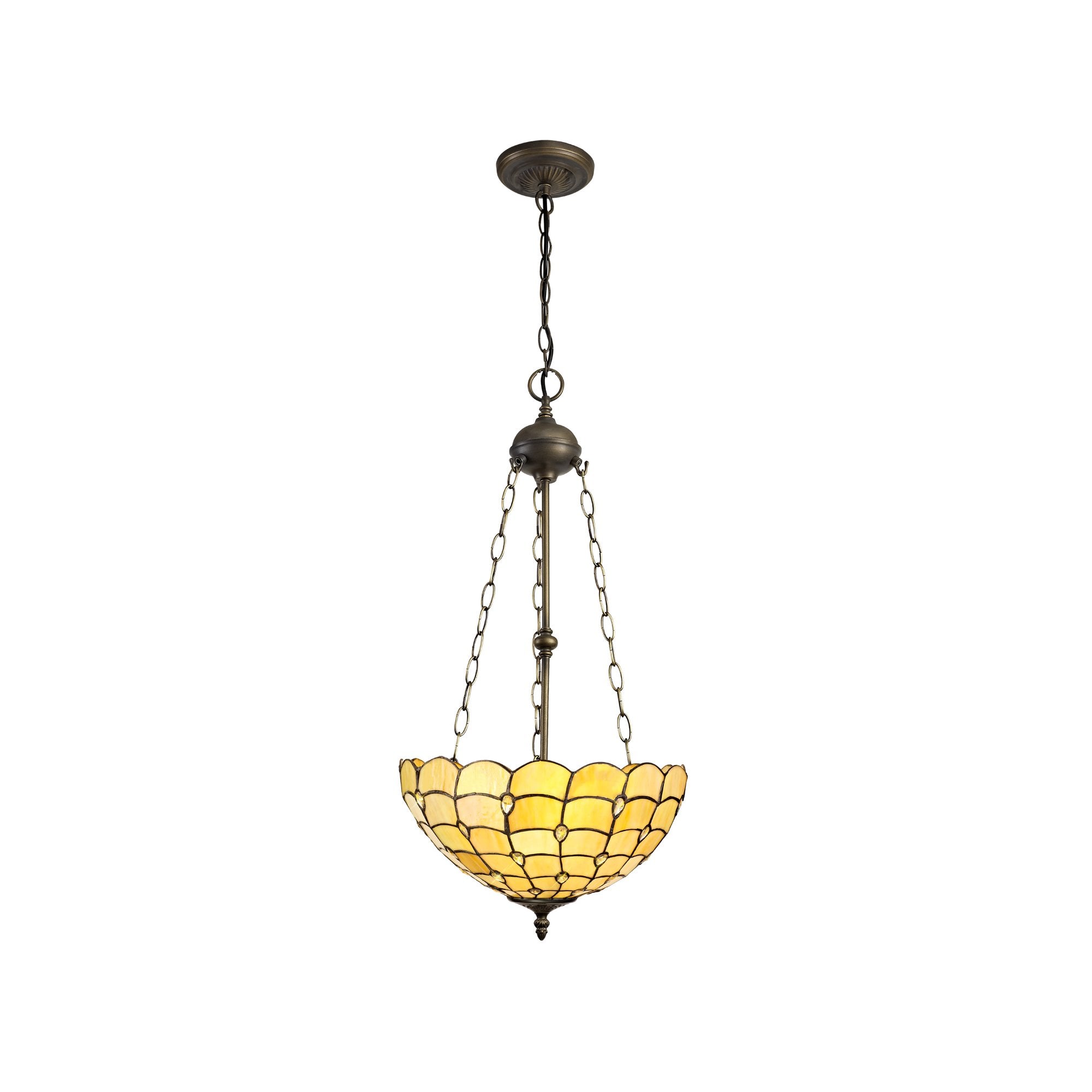 3 Light Uplighter Pendant E27 With 40cm Tiffany Shade, Beige/Clear Crystal/Aged Antique Brass