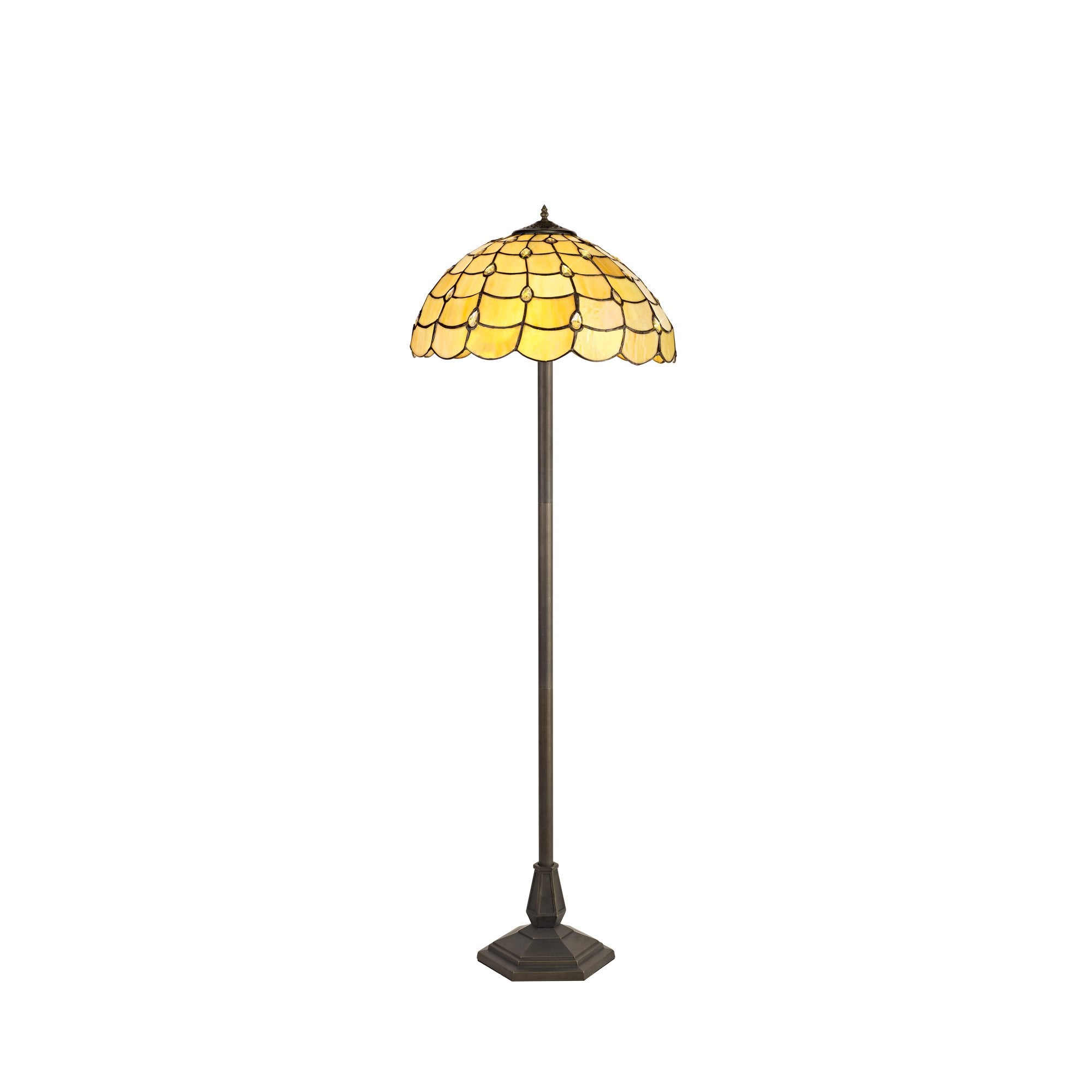 2 Light Octagonal Floor Lamp E27 With 40cm Tiffany Shade, Beige/Clear Crystal/Aged Antique Brass